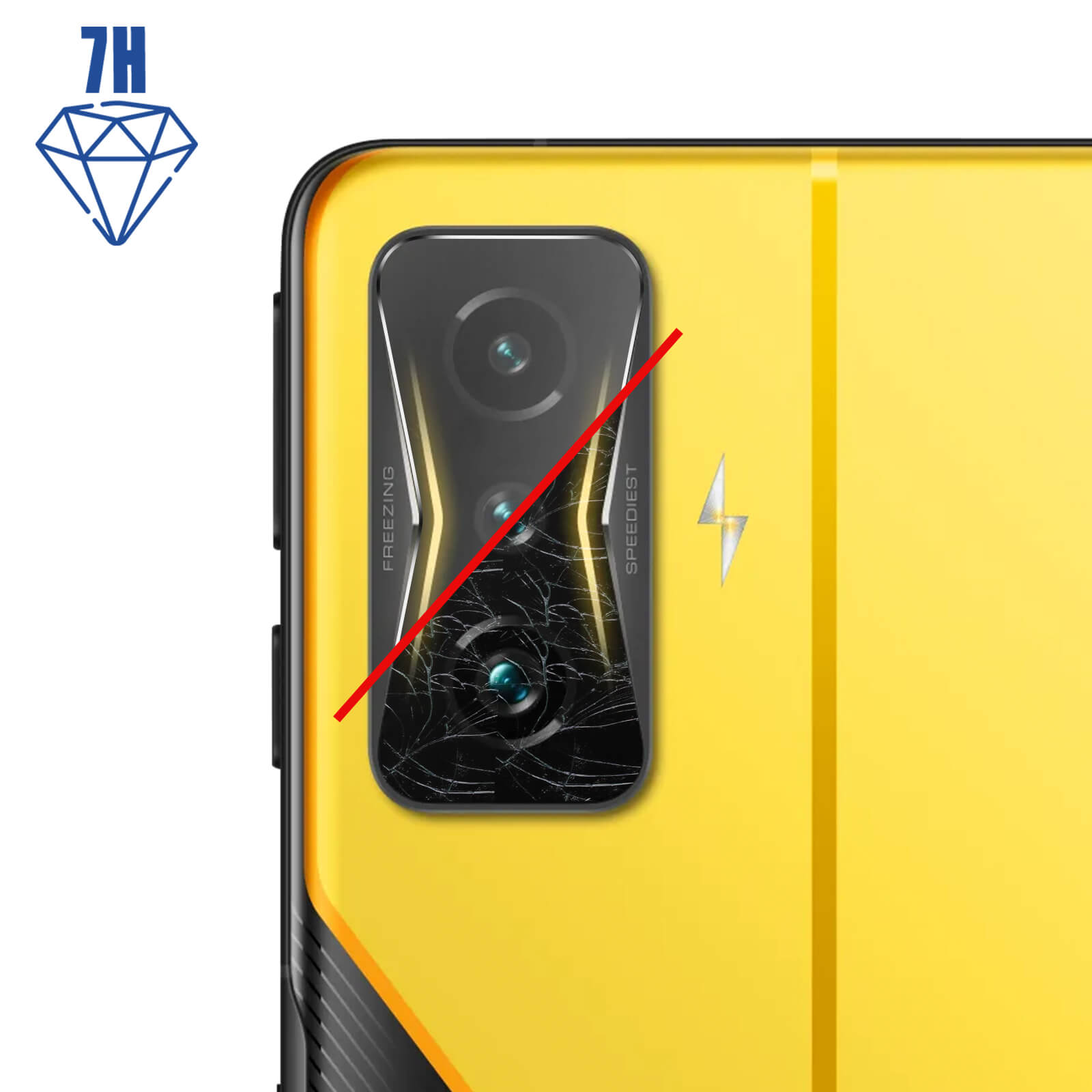Retro del telefono giallo con modulo fotocamera incrinato, barrato con una linea rossa. Un logo a diamante è in alto a sinistra.