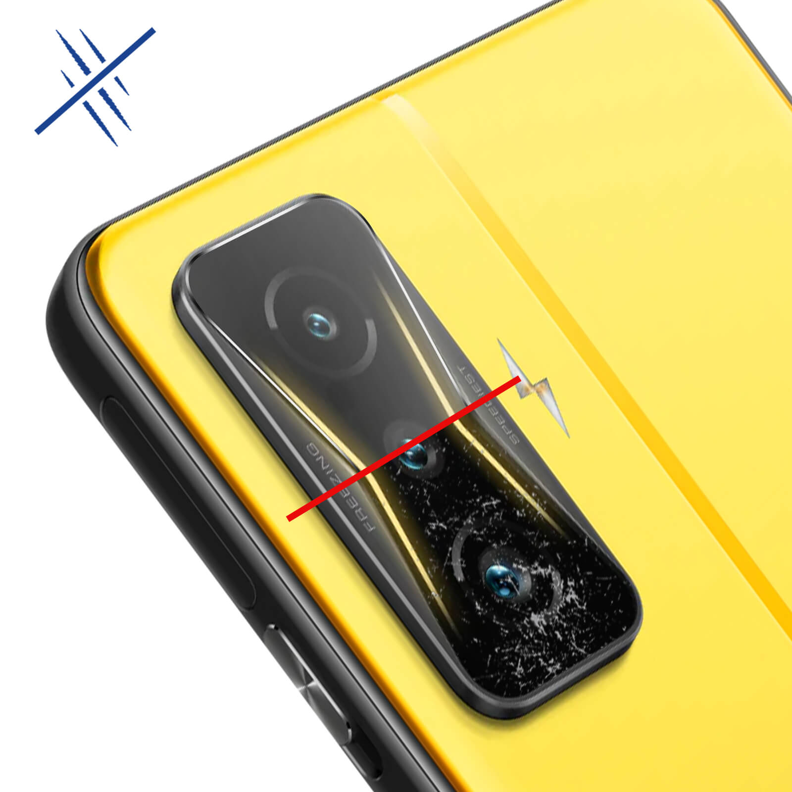 Telefono con retro giallo e modulo fotocamera nero, con linea rossa e simboli grafici.