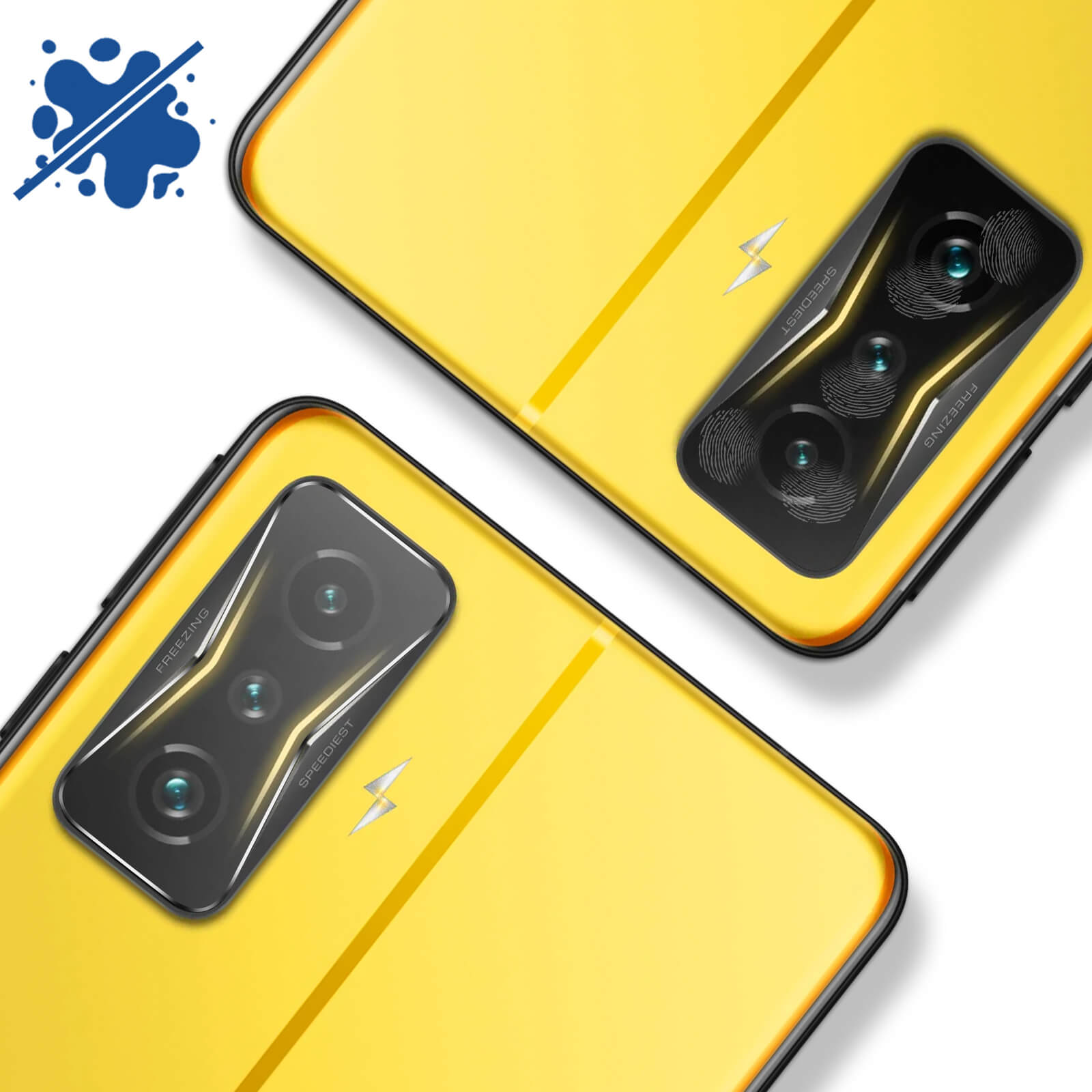 Due retro di telefono gialli con moduli fotocamera. Uno ha una grafica blu. I moduli sono neri e hanno dettagli argentati.