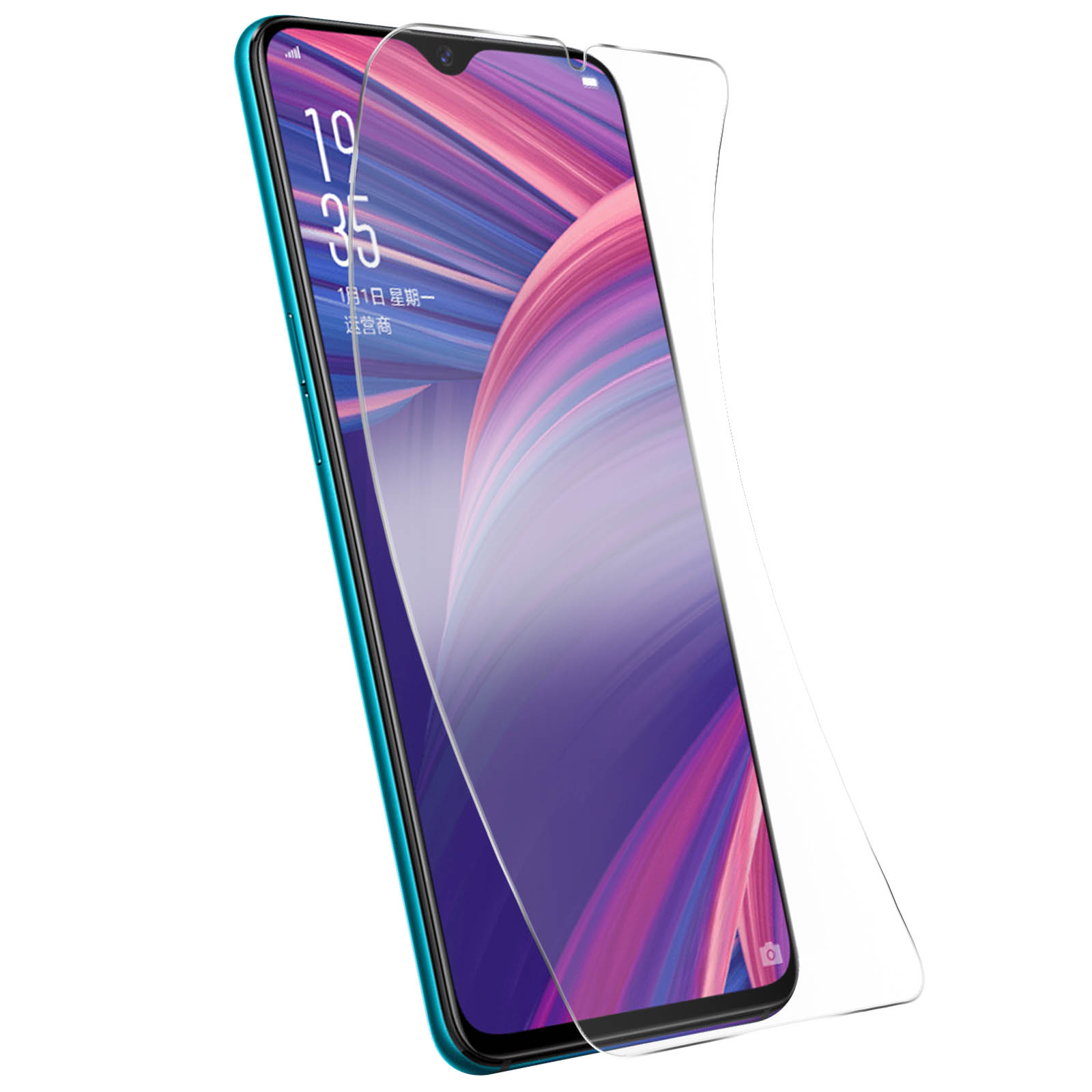 Uno smartphone con protezione schermo. Lo schermo mostra data e ora. Il telefono è verde acqua con sfondo bianco.