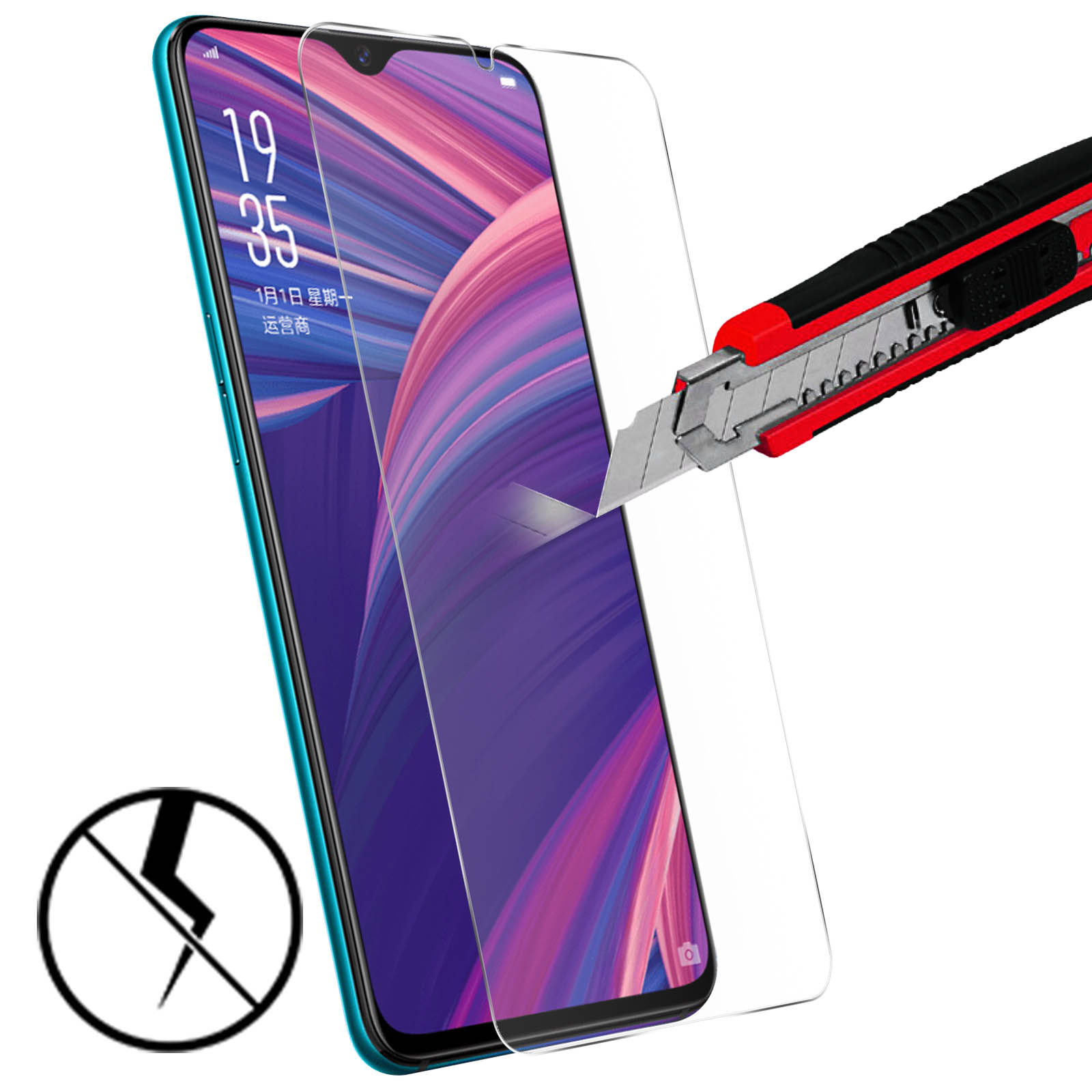 Uno smartphone con protezione schermo tagliata da un taglierino. Il telefono mostra una data. È presente un logo di non rottura.