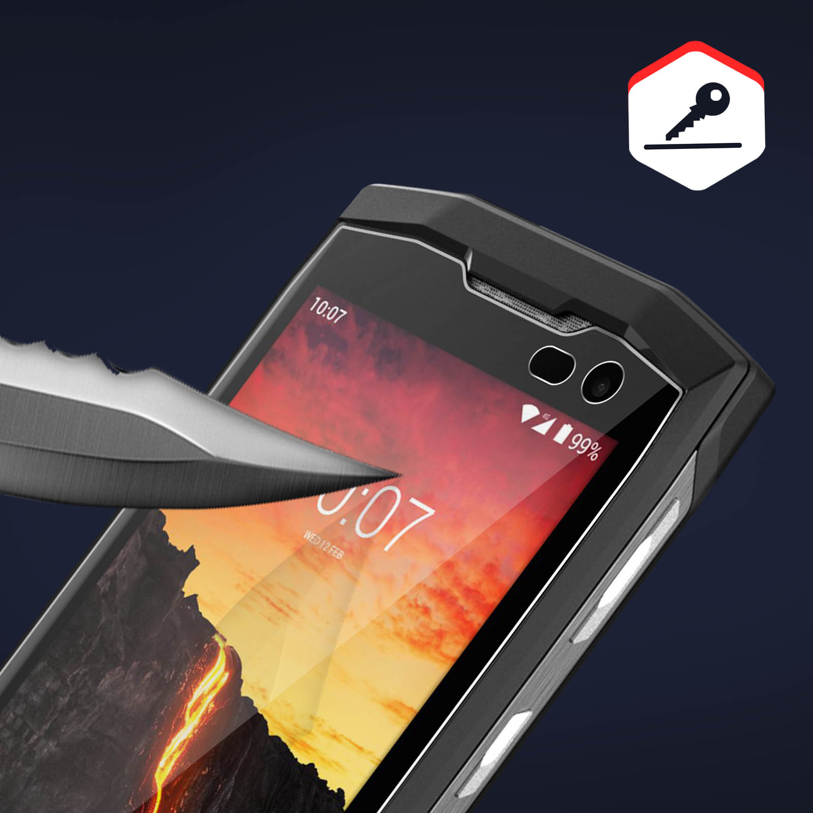 Couteau coupant un écran de téléphone. Le téléphone affiche l'heure 10:07.
