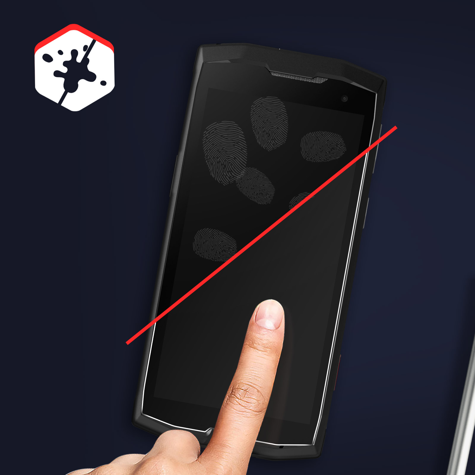 Téléphone noir avec empreintes digitales, marqué d'un trait rouge et d'un logo anti-empreintes digitales.