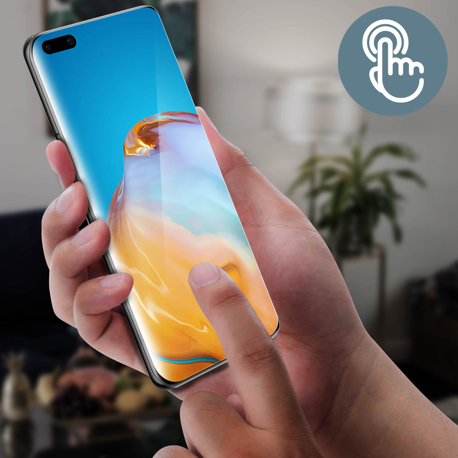 Een hand raakt een telefoonscherm aan. Een aanraakpictogram staat rechtsboven.