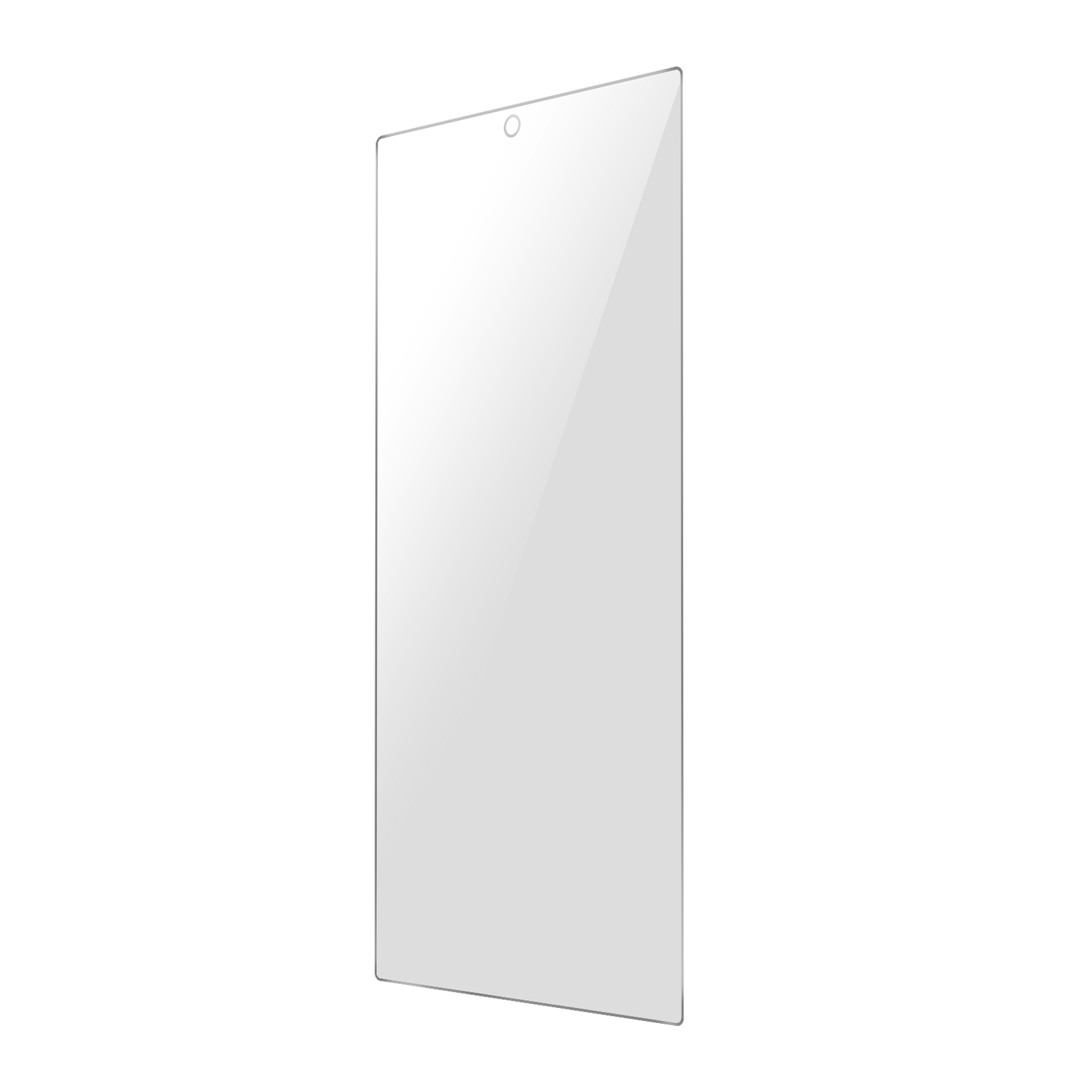 Przezroczysta ochrona ekranu z wycięciem na aparat na białym tle.