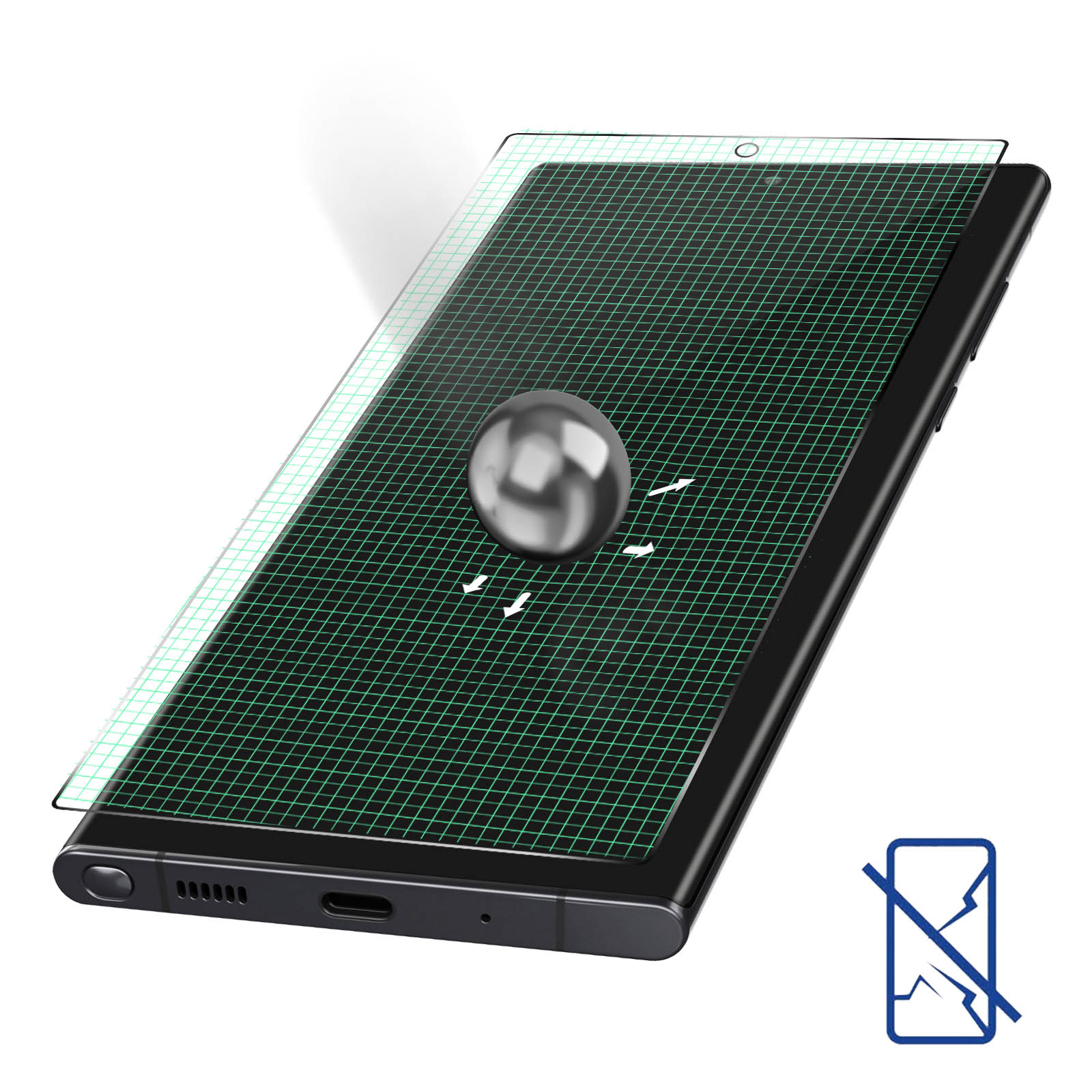 Telefon ma ochraniacz ekranu z siatką i spadającą metalową kulą. Białe tło.