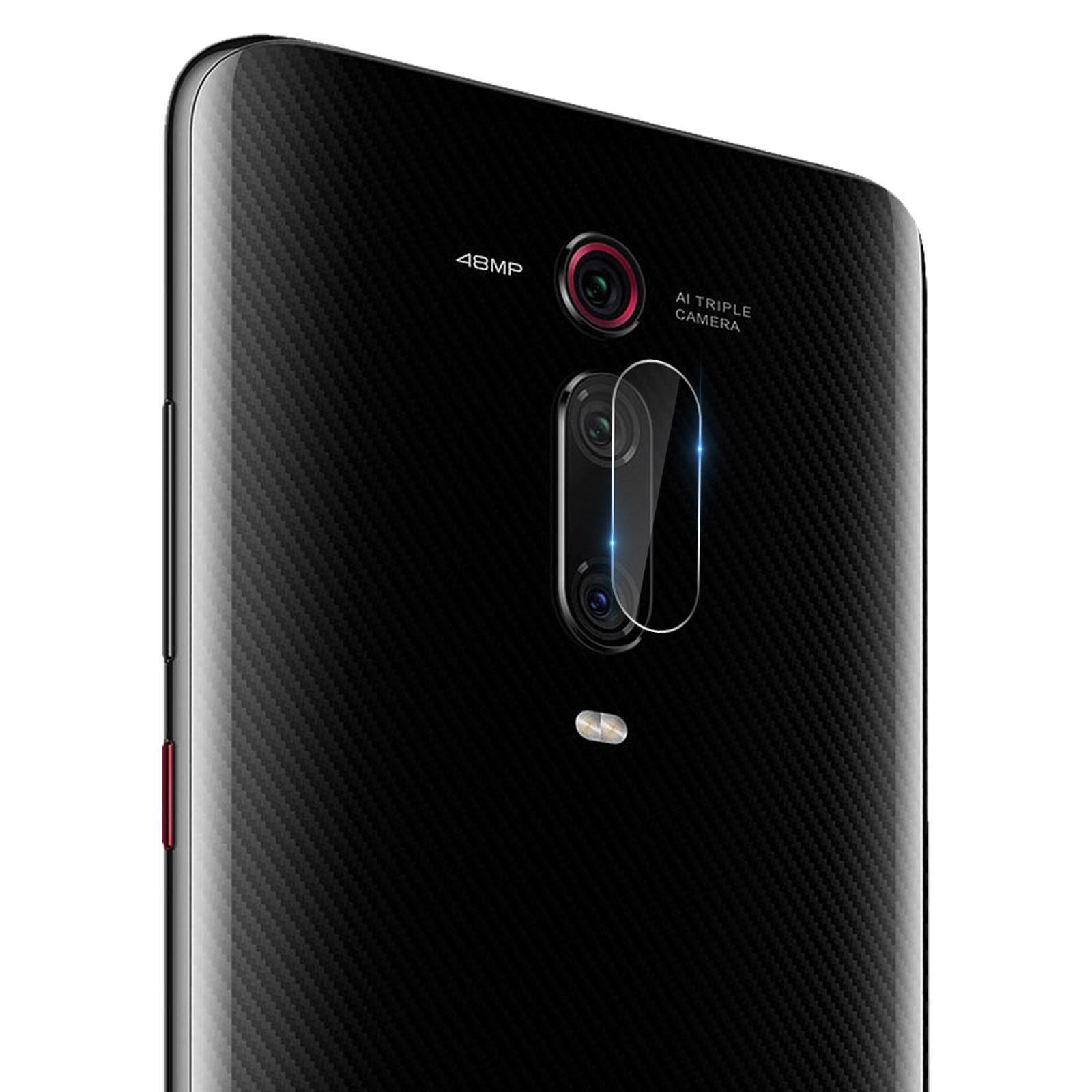 Tył czarnego telefonu z trzema aparatami, widoczne napisy 'AI TRIPLE CAMERA' i '48MP'.