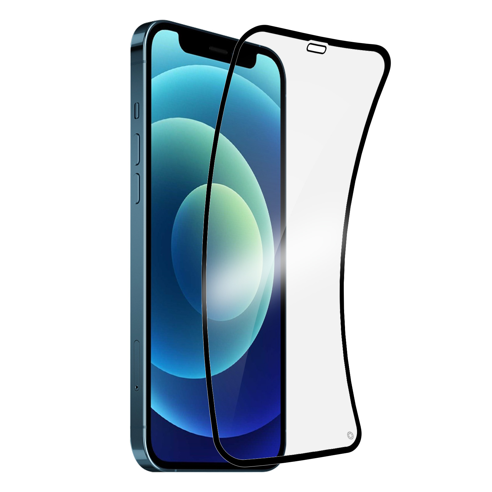 Een blauwe smartphone met schermbeschermer wordt getoond op een witte achtergrond. De schermbeschermer is opgetild.