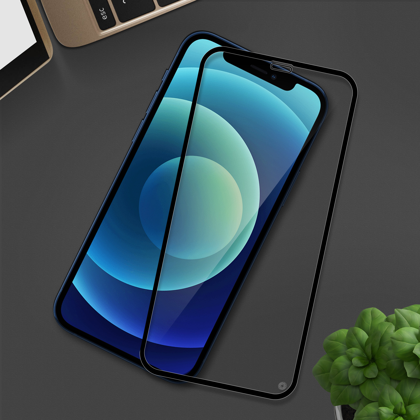 Een blauwe smartphone met een schermbeschermer eroverheen. Een toetsenbord en een kleine plant op de achtergrond.