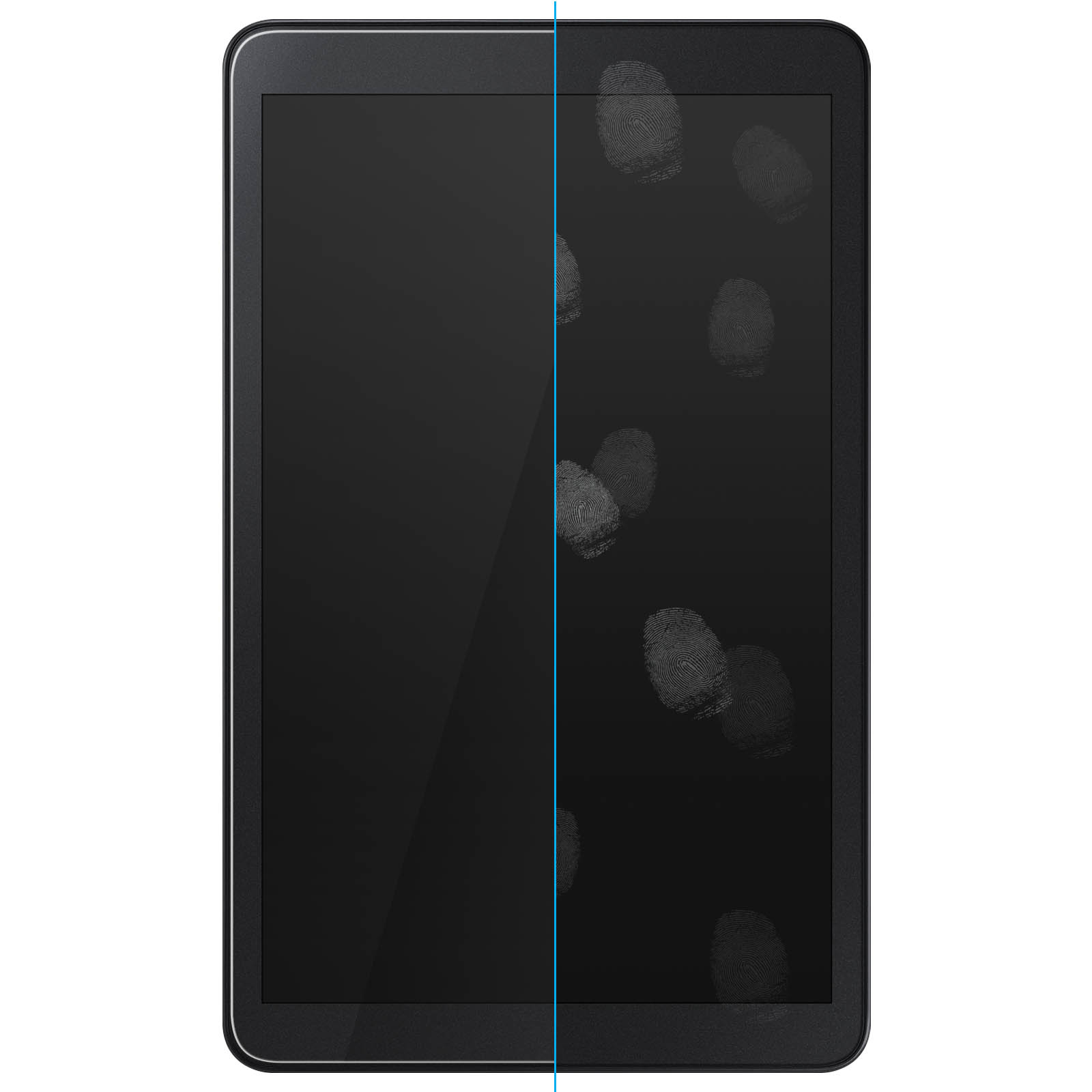 Uno schermo di tablet, con una pellicola trasparente applicata a metà e impronte digitali sull'altra.