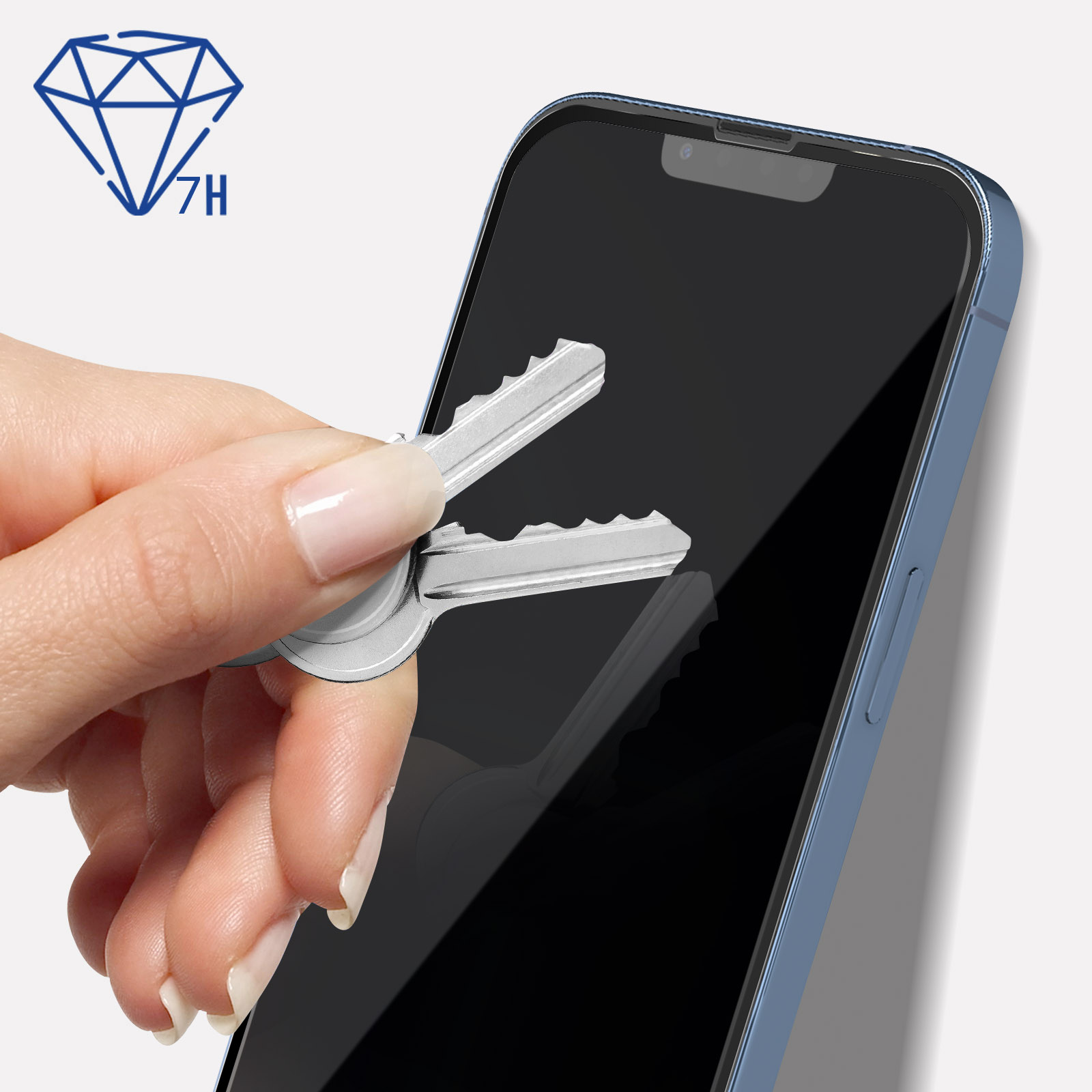 Ręka z kluczami rysująca ekran telefonu. Logo diamentu z tekstem 7H w rogu.