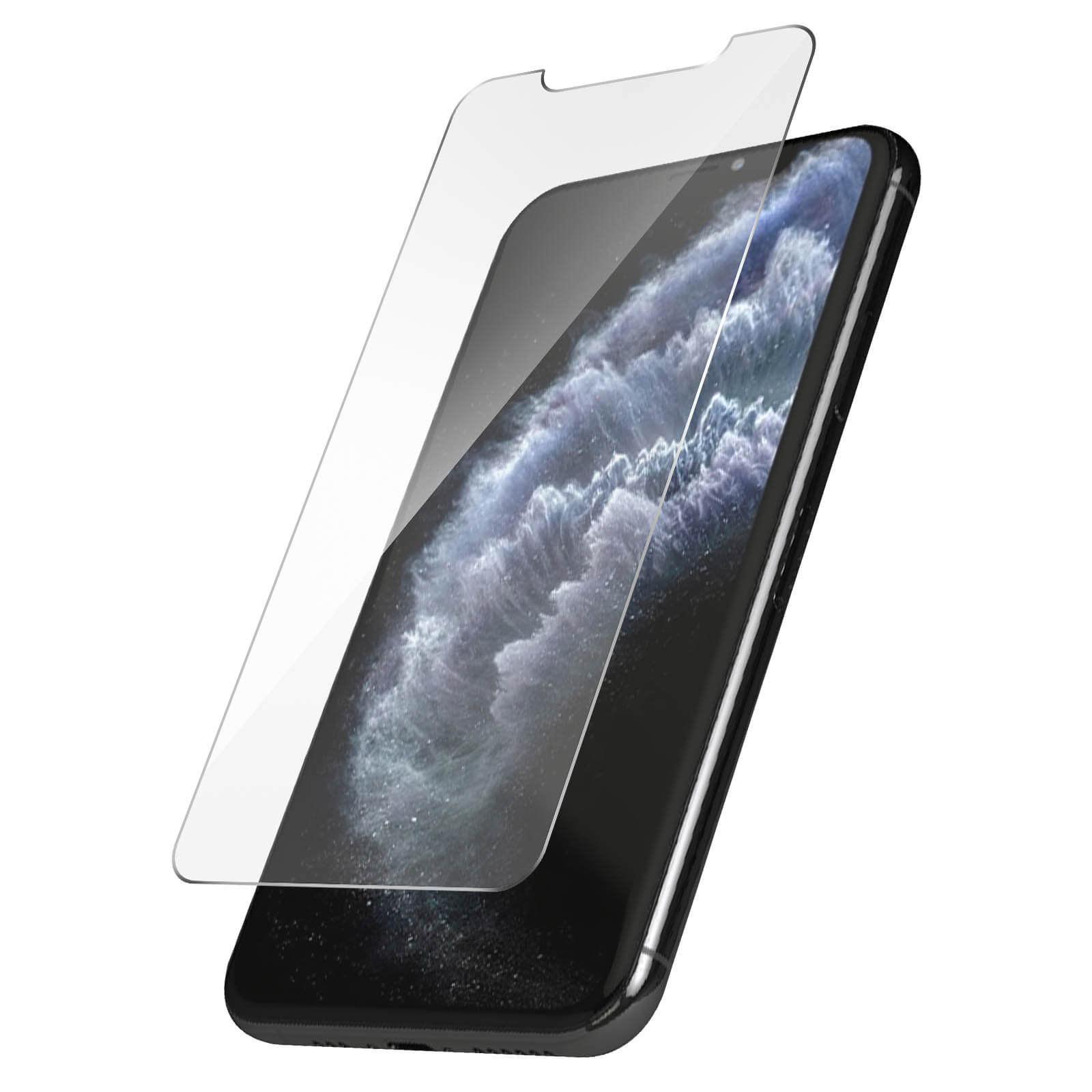 Un telefono a cui viene applicata una protezione per lo schermo. Il telefono è su uno sfondo grigio.