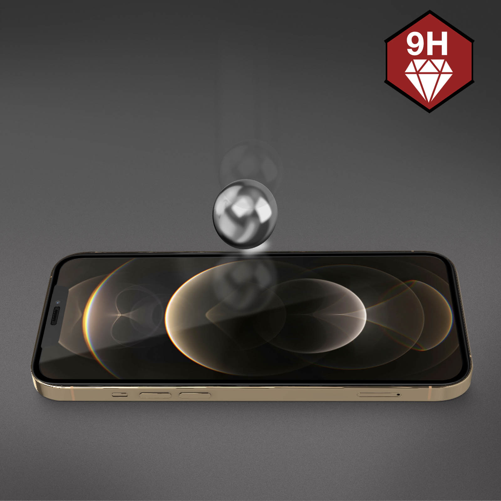 Een zilveren bal valt op een gouden smartphone met 9H hardheidslogo.