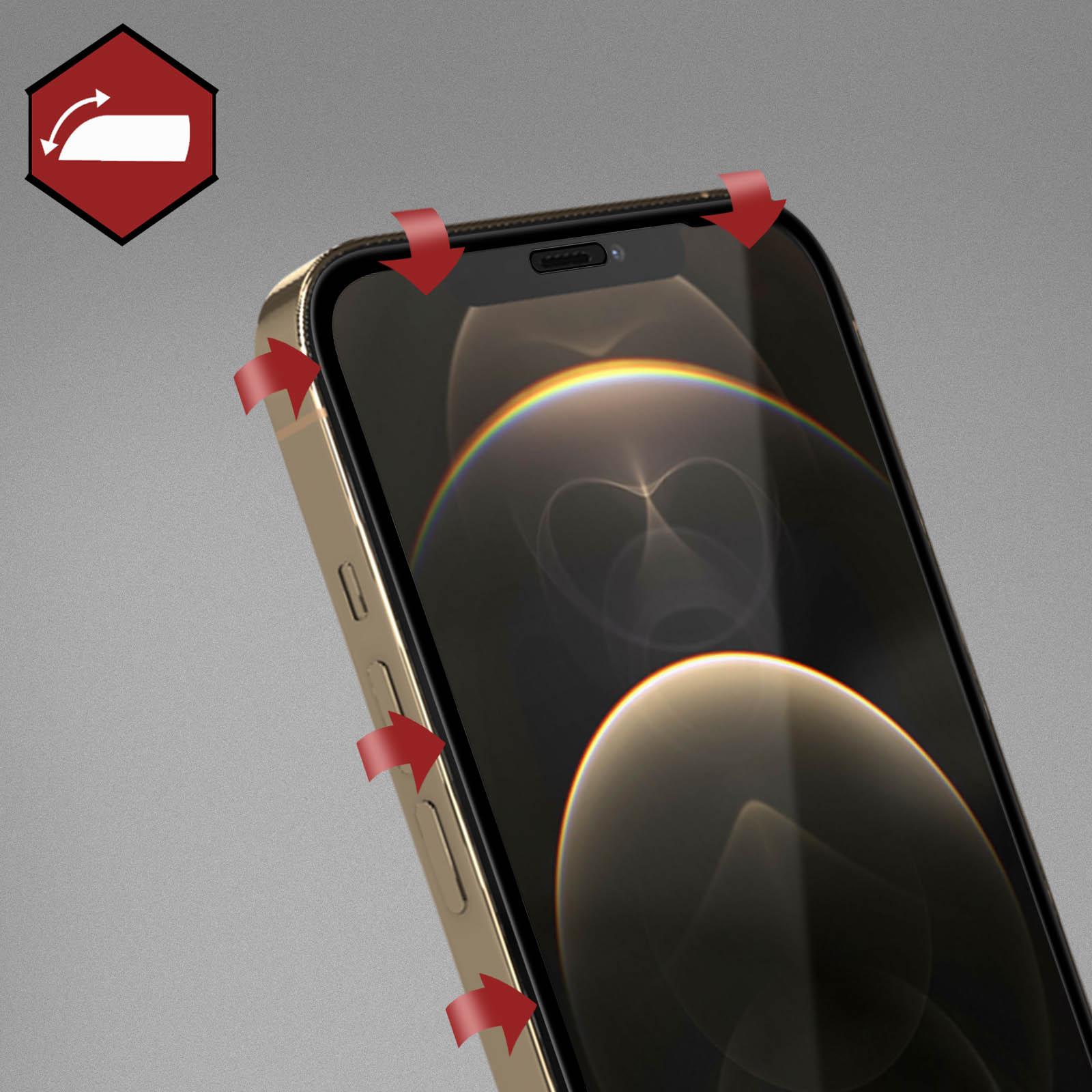 Gouden smartphone met rode pijlen die naar het scherm wijzen. Links een icoon.
