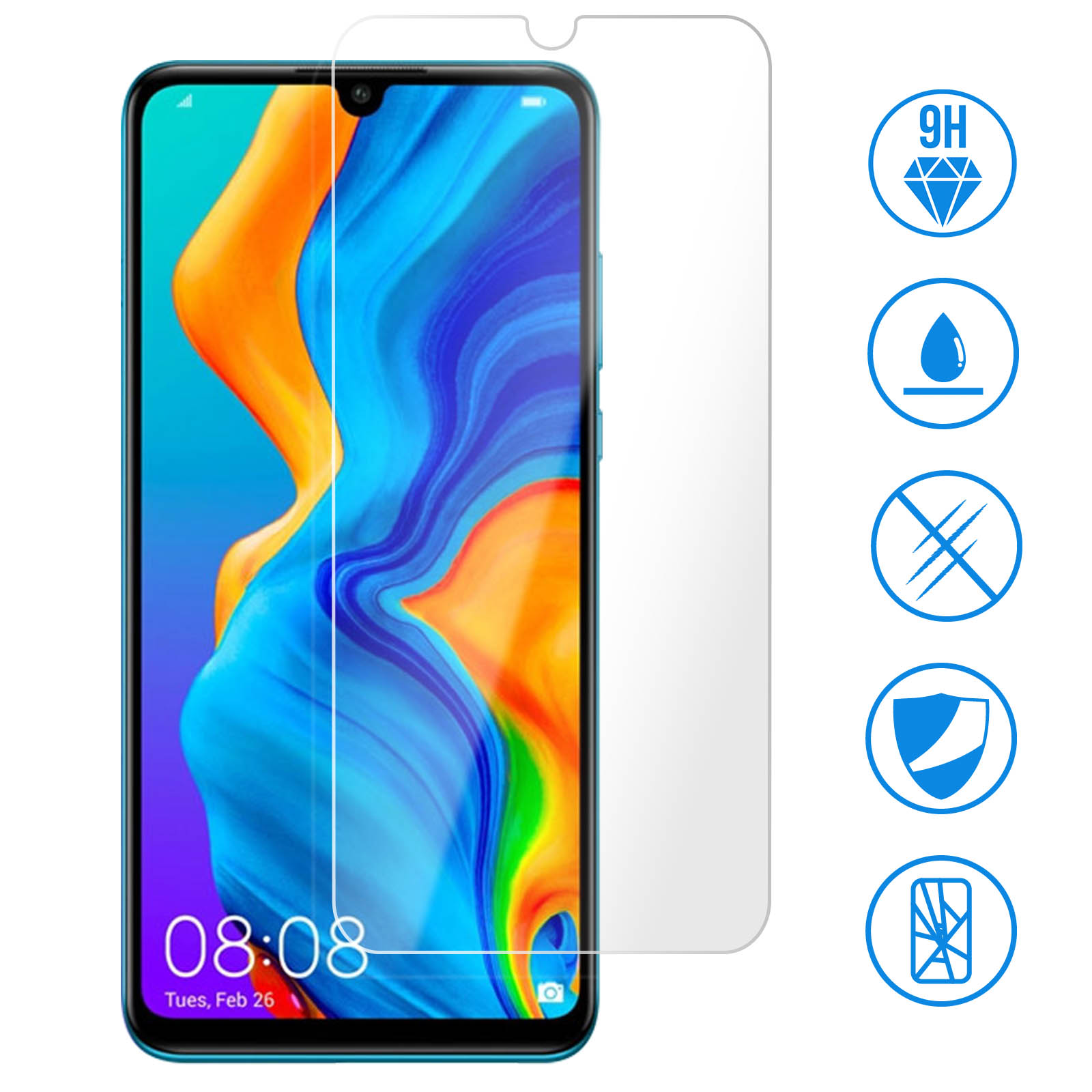 Un telefono con protezione schermo applicata, con icone e visualizzazione dell'ora, icone a destra.