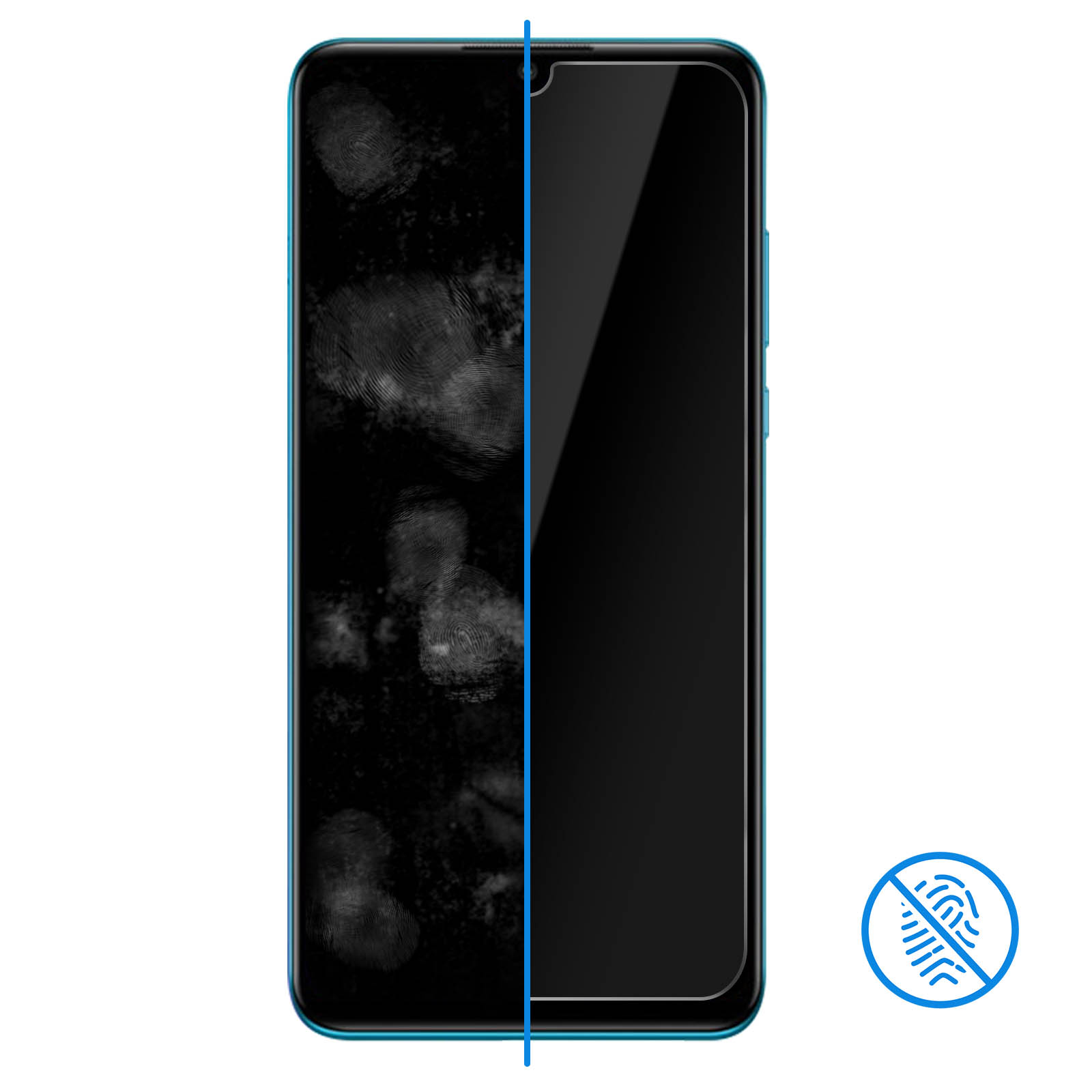 Schermo del telefono con impronte digitali e una linea che divide il lato pulito.