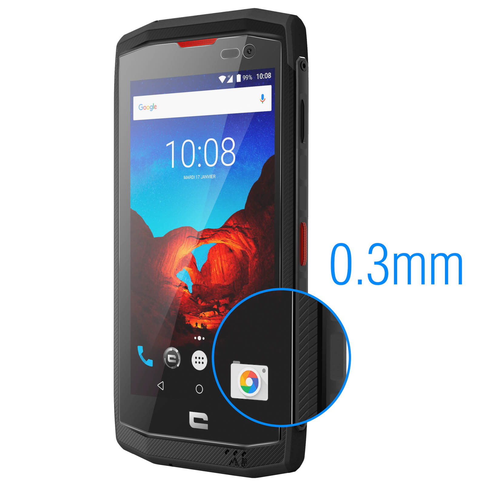 Schwarzes robustes Smartphone mit Kamera, Uhrzeit auf dem Bildschirm und Text '0,3mm'.
