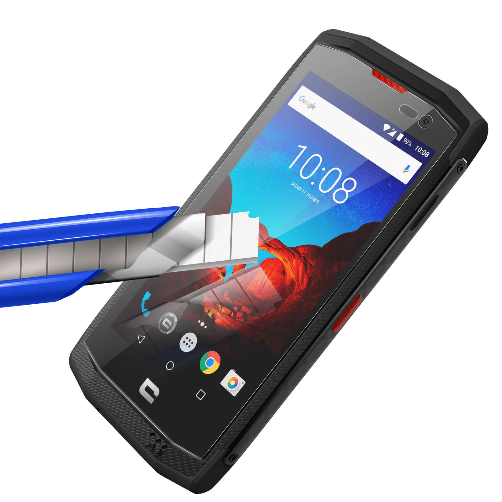Telefon mit Displayschutz, der mit einem Teppichmesser geschnitten wird.