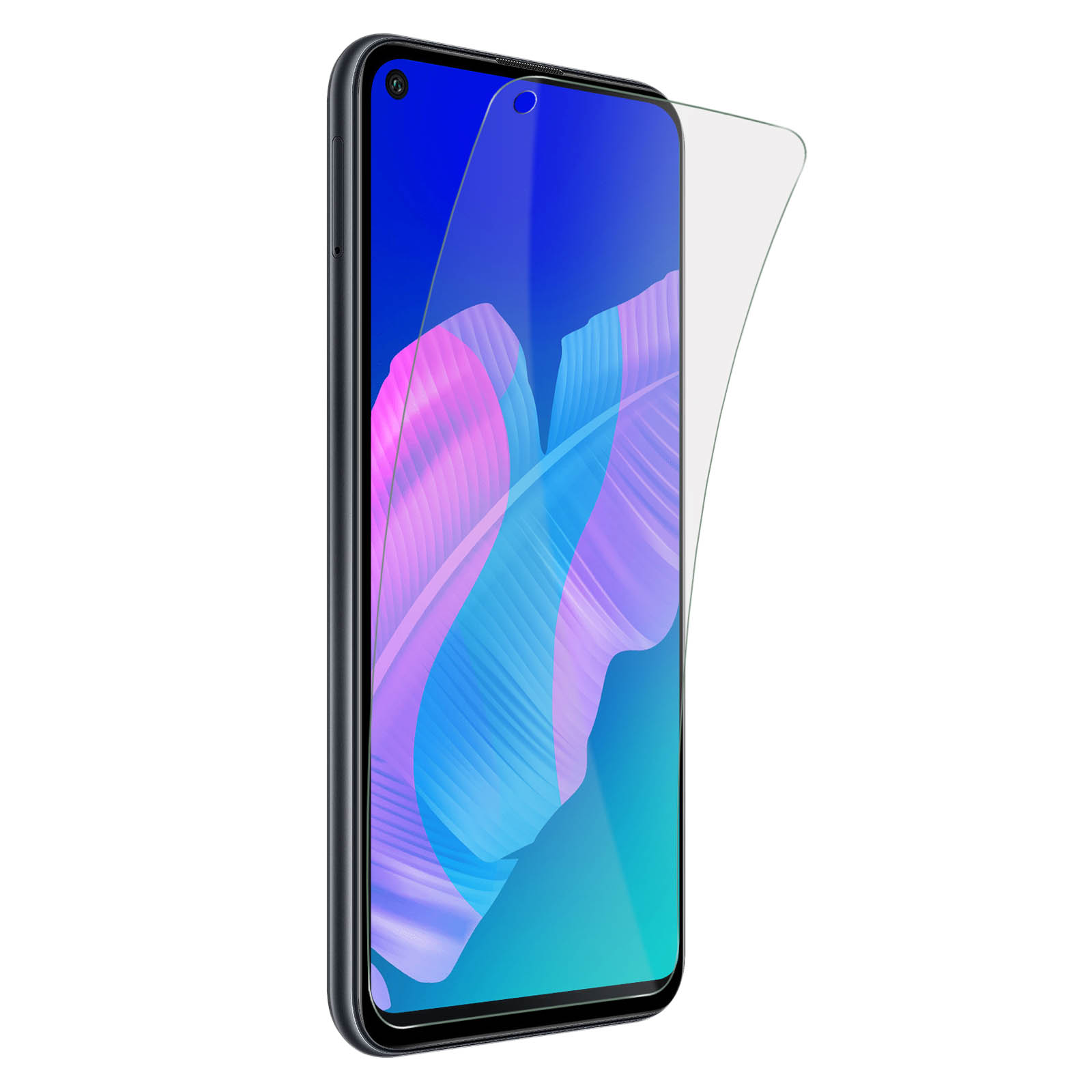 Telefon pokazany z odklejanym ochraniaczem ekranu, odsłaniającym ekran.