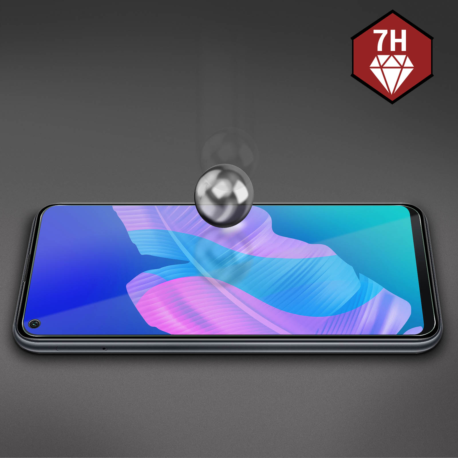 Telefon z ochraniaczem ekranu pokazany ze spadającą na niego kulą. Ikona diamentu 7H.