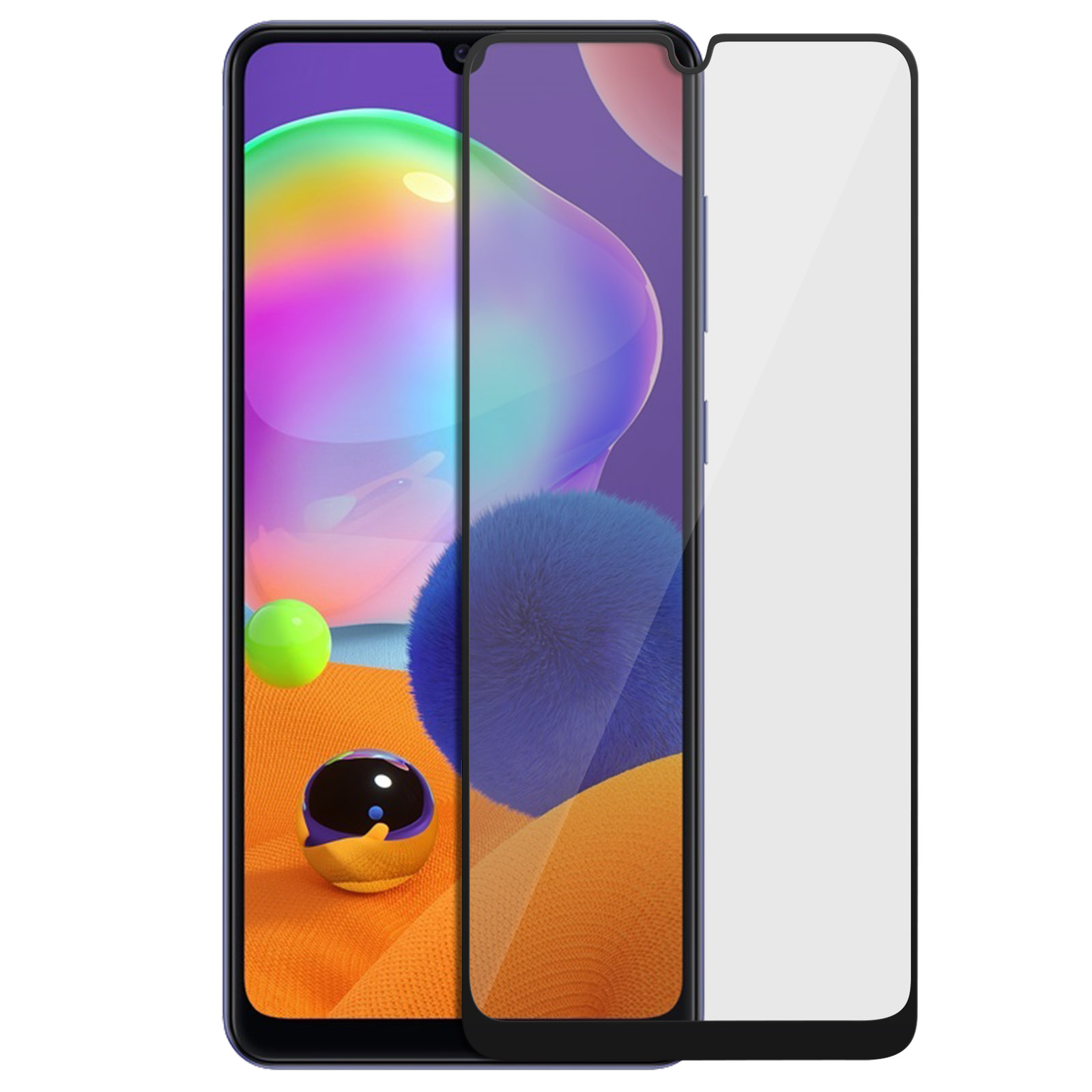 Een telefoon met een schermbeschermer. Het scherm toont kleurrijke bellen.