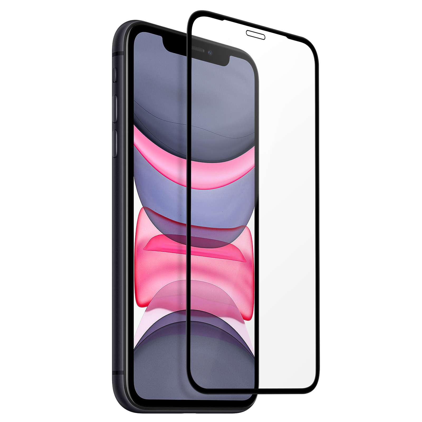 Smartphone nero con protezione schermo. Lo schermo mostra sfumature rosa, viola e grigie.