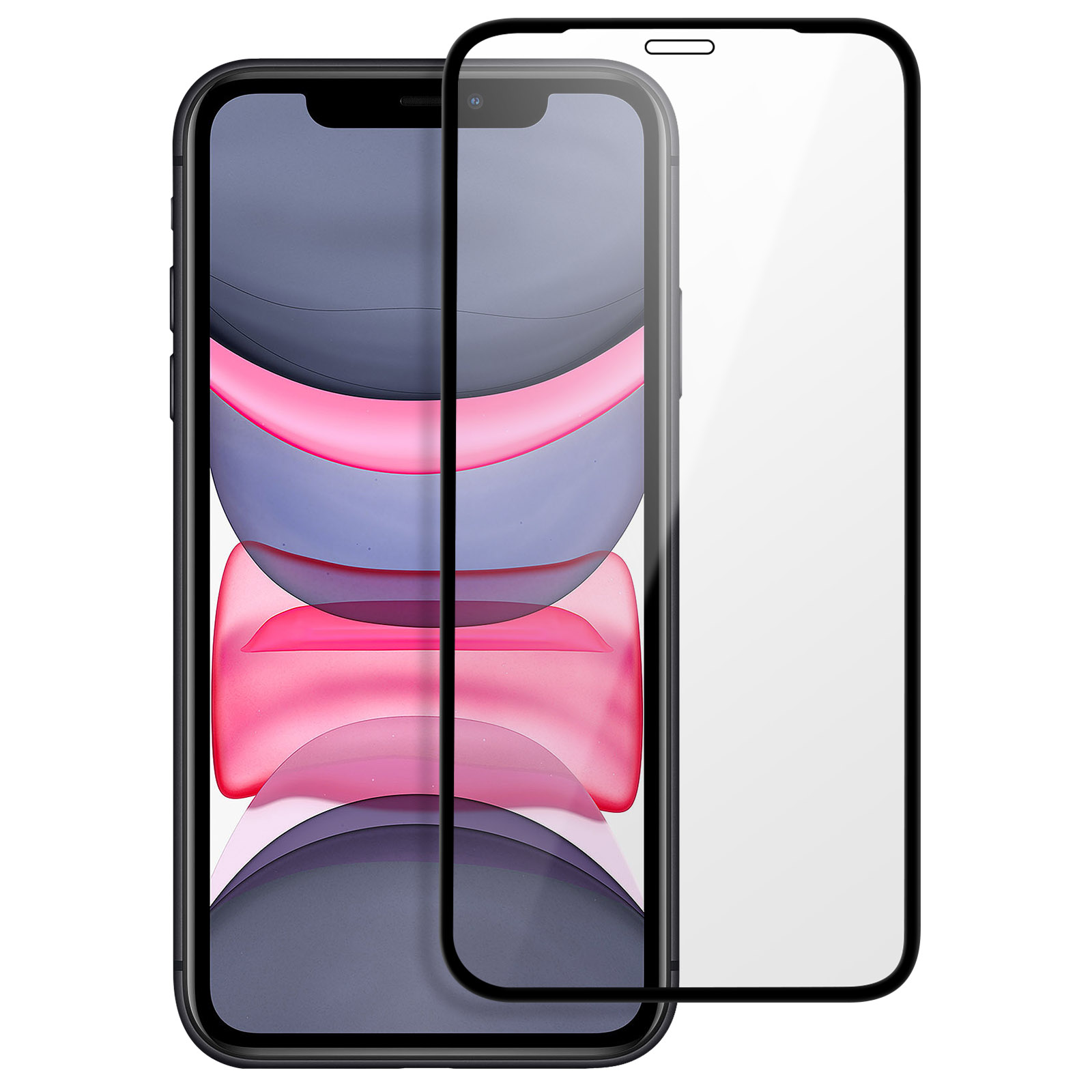 Uno smartphone nero con una protezione per lo schermo. Lo schermo mostra onde rosa e viola. Sfondo bianco.