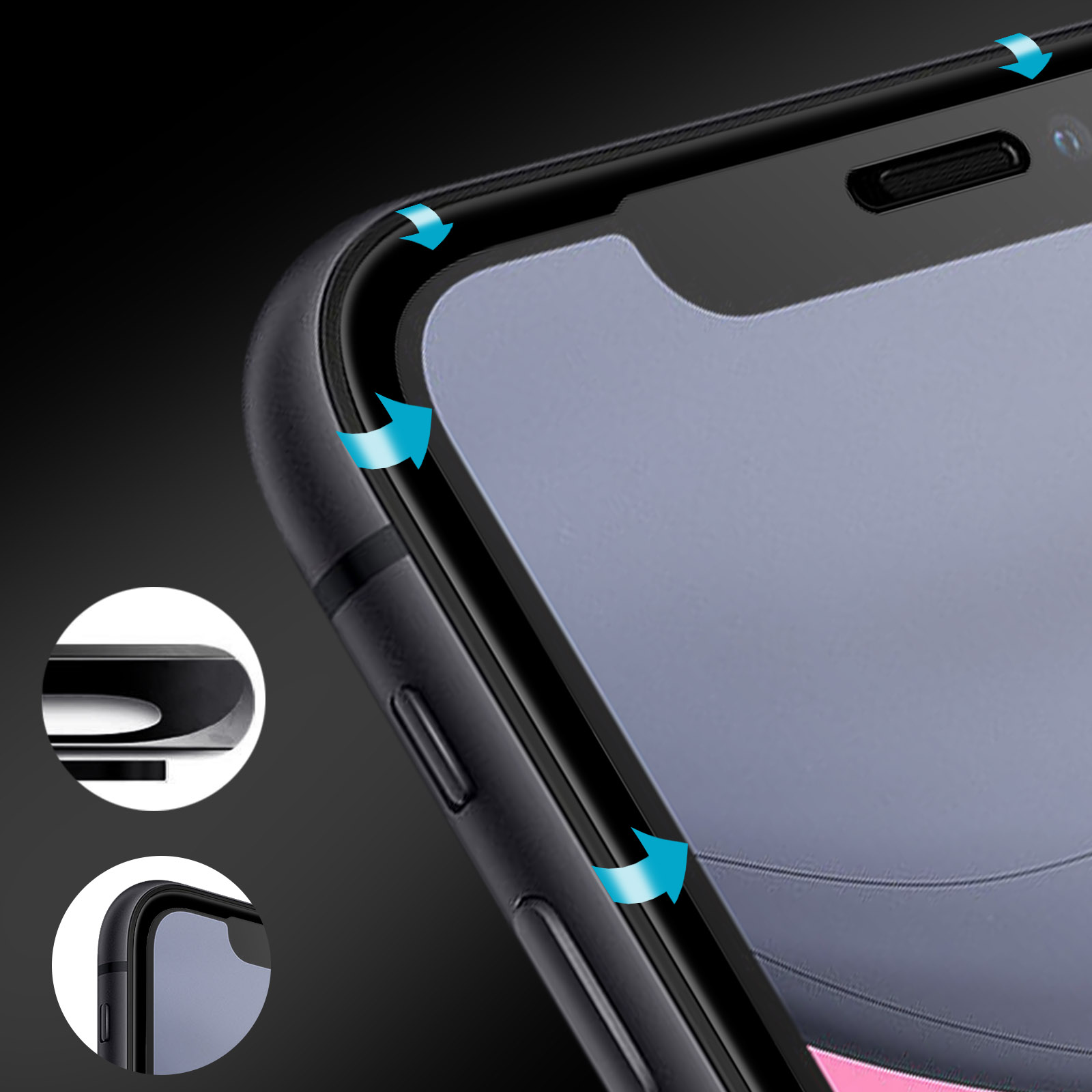 Primo piano di una custodia nera che protegge un telefono. Frecce blu indicano i bordi, mostrando la protezione. Sfondo grigio.