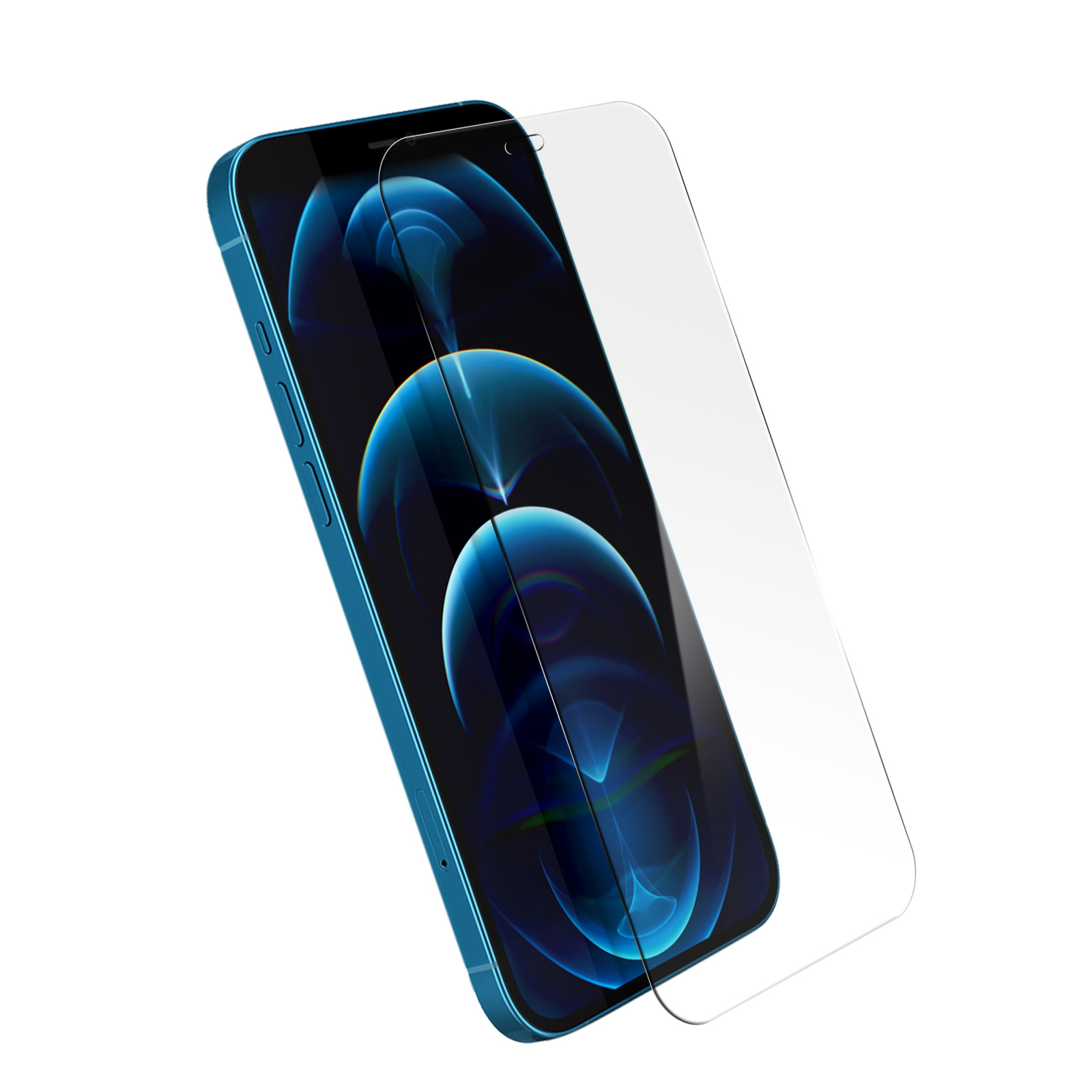 iPhone con retro blu e protezione schermo, sfondo bianco.
