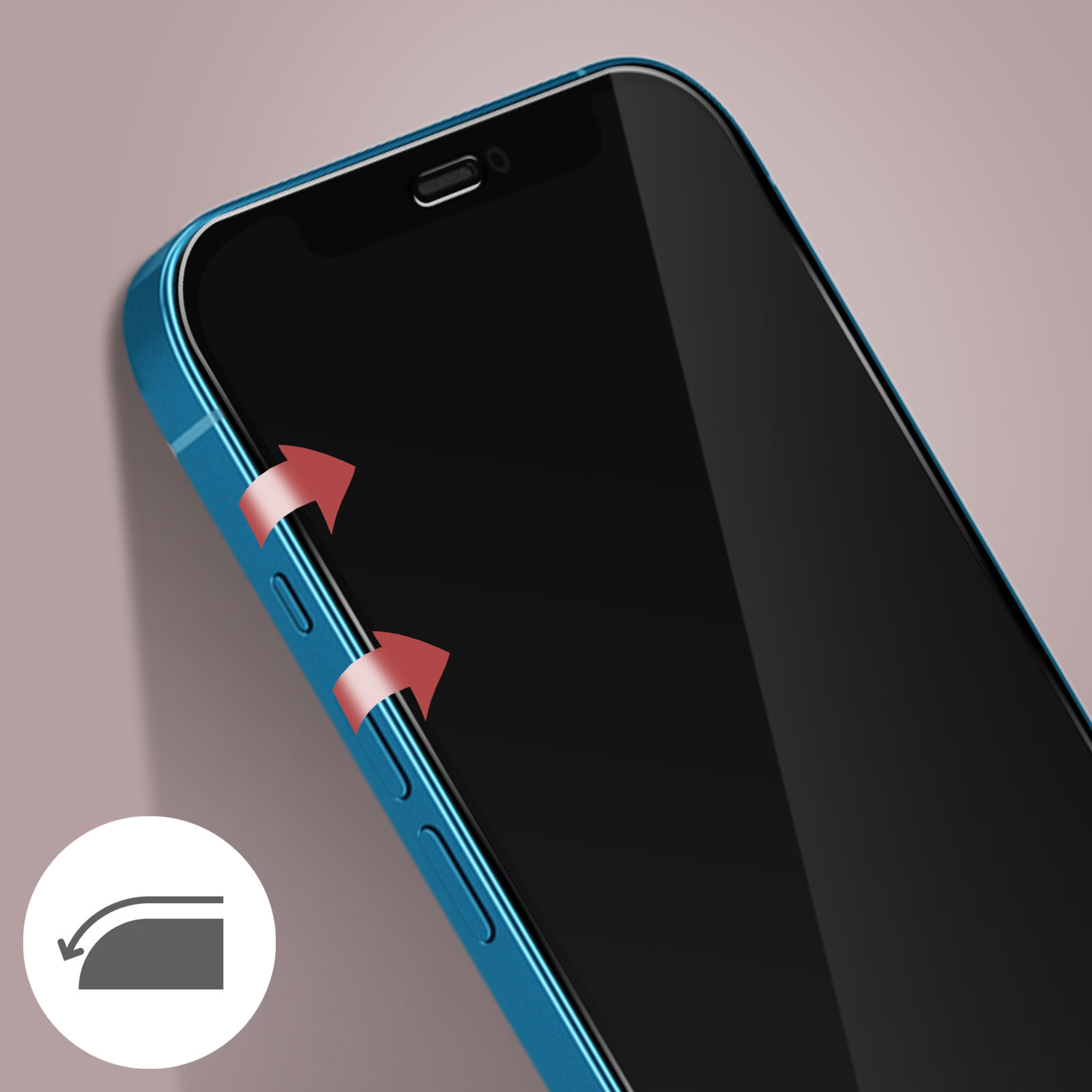 Telefono blu con schermo nero e pulsanti laterali. Frecce rosse mostrano le pressioni.