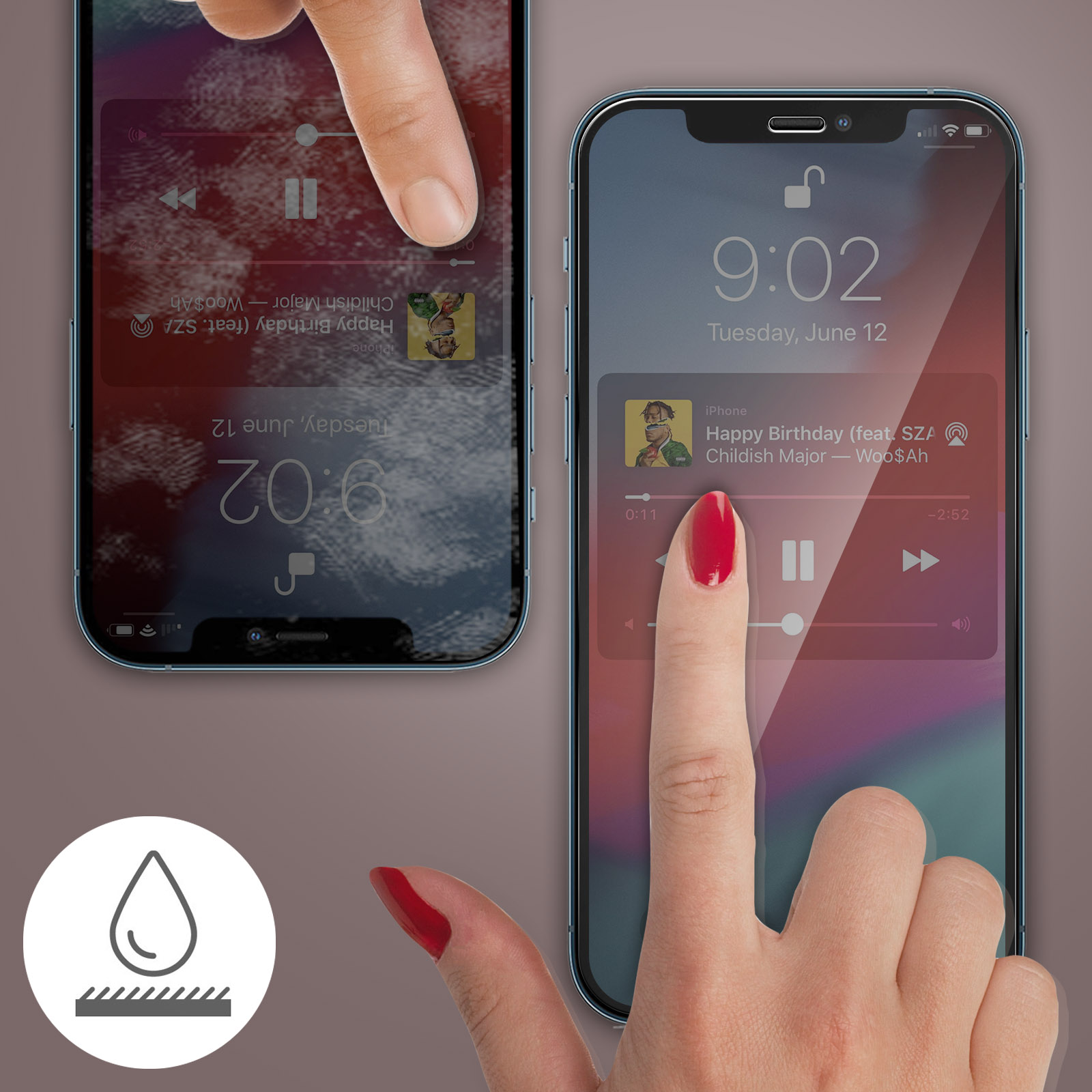 Schermi del telefono con interfaccia dell'app musicale. Due mani interagiscono con gli schermi.
