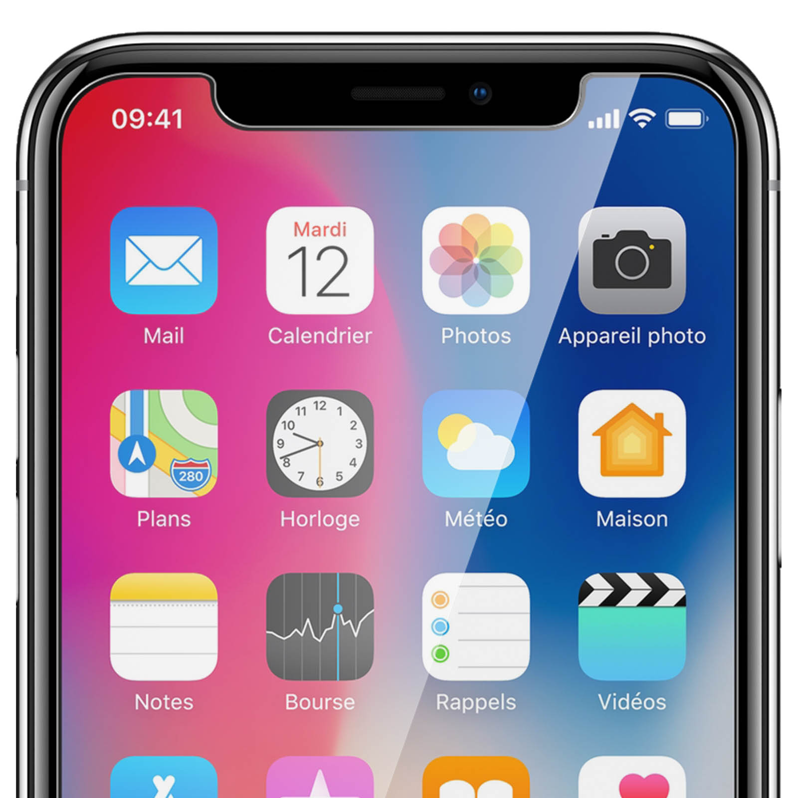 Primo piano di un telefono che mostra le icone delle app sullo schermo, con un telefono nero.