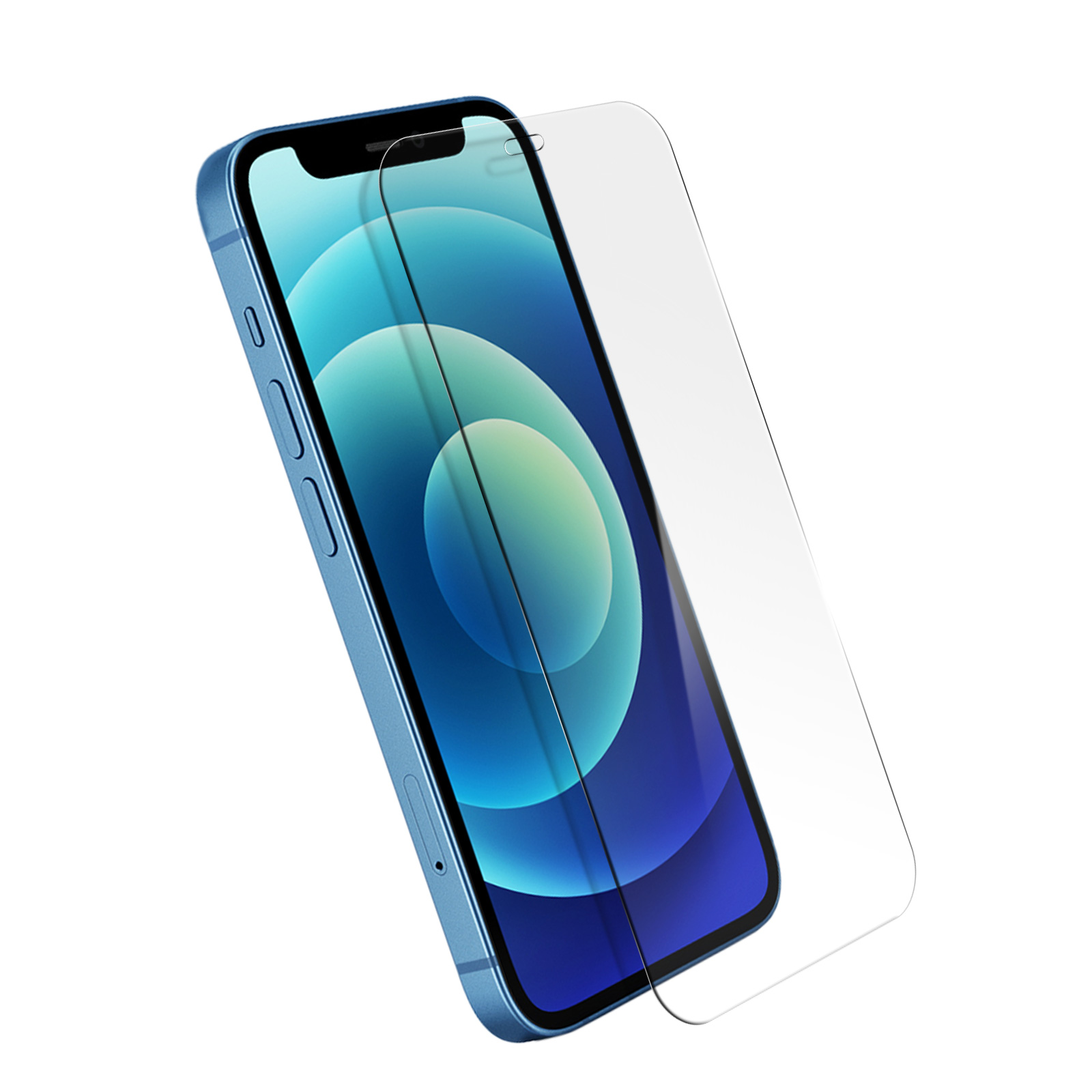 Un iPhone blu con un proteggi schermo trasparente applicato. Il telefono è angolato, mostrando lo schermo.