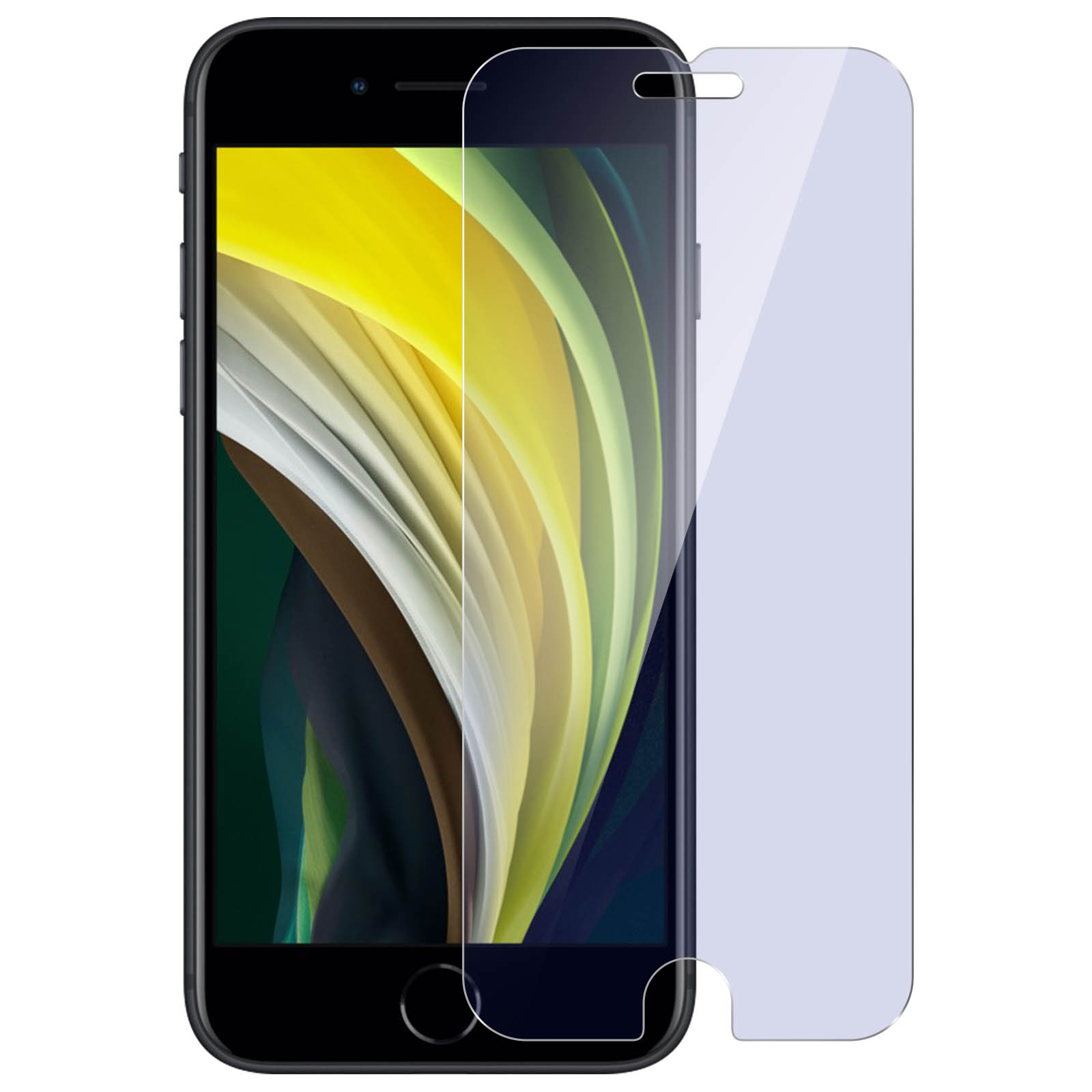 Smartphone noir avec protecteur d'écran. L'écran affiche des vagues jaunes et vertes. Protecteur partiellement décollé.