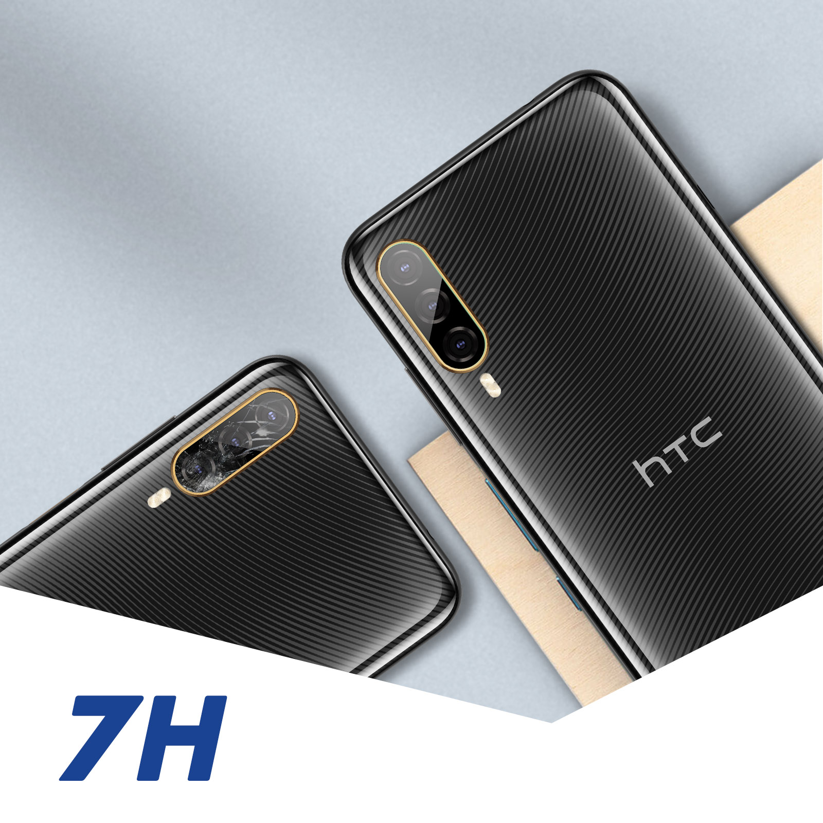 Czarne telefony HTC z teksturowanymi tyłami. Jeden jest pod kątem, drugi płaski. Tekst 7H na dole.