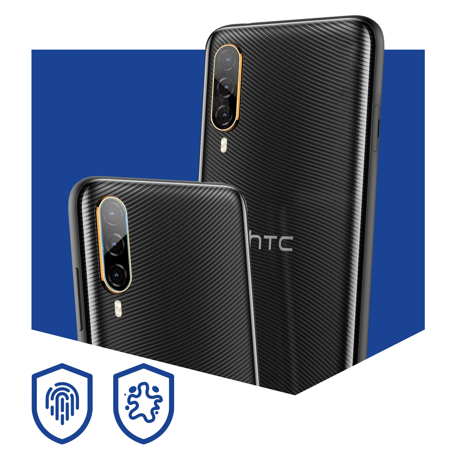 Dwa telefony HTC z teksturowanymi tyłami. Niebieskie tło, dolne telefony mają ikony odcisków palców i kropli wody.