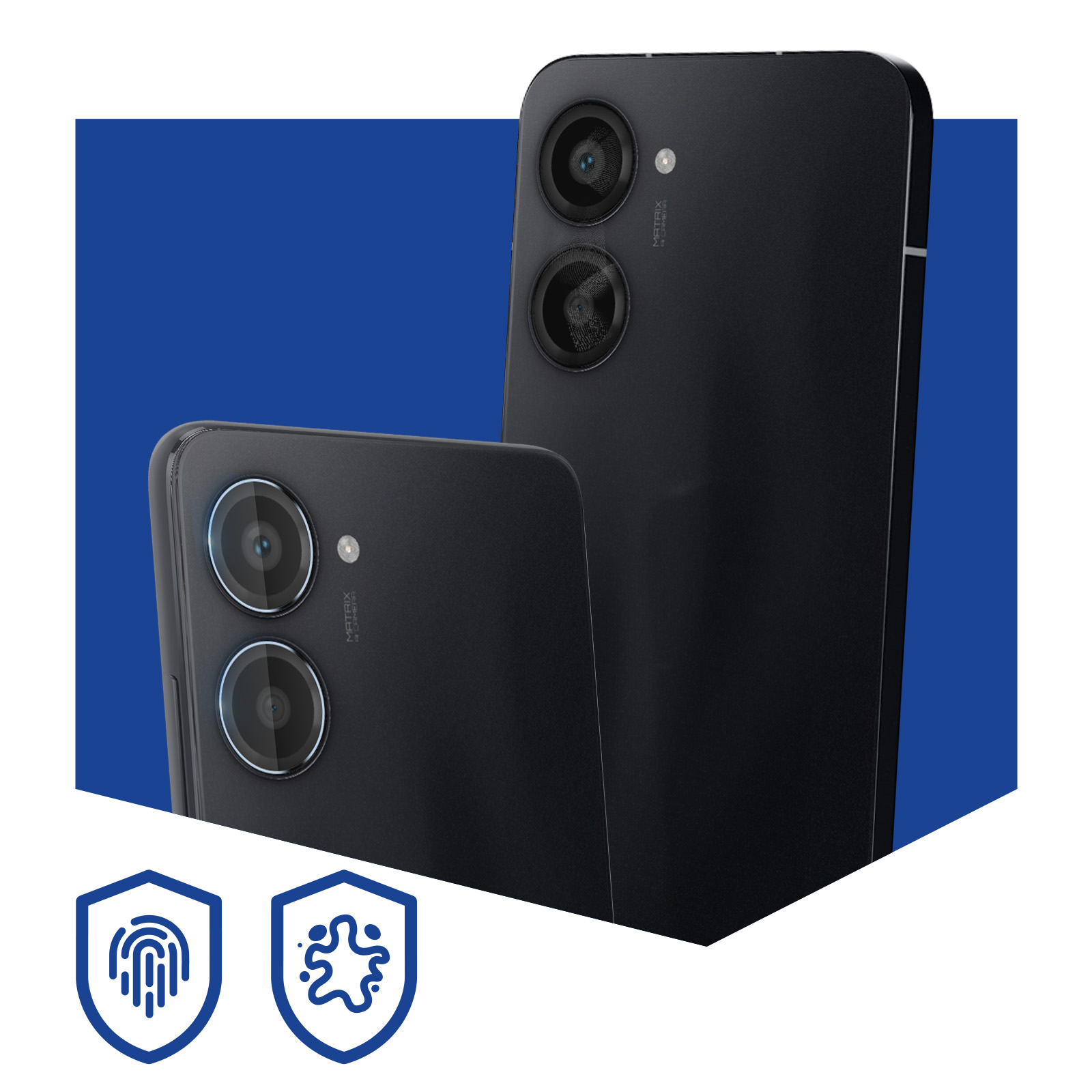 Due smartphone neri con doppia fotocamera. Sfondo blu. Icone per impronte digitali e protezione dagli schizzi.