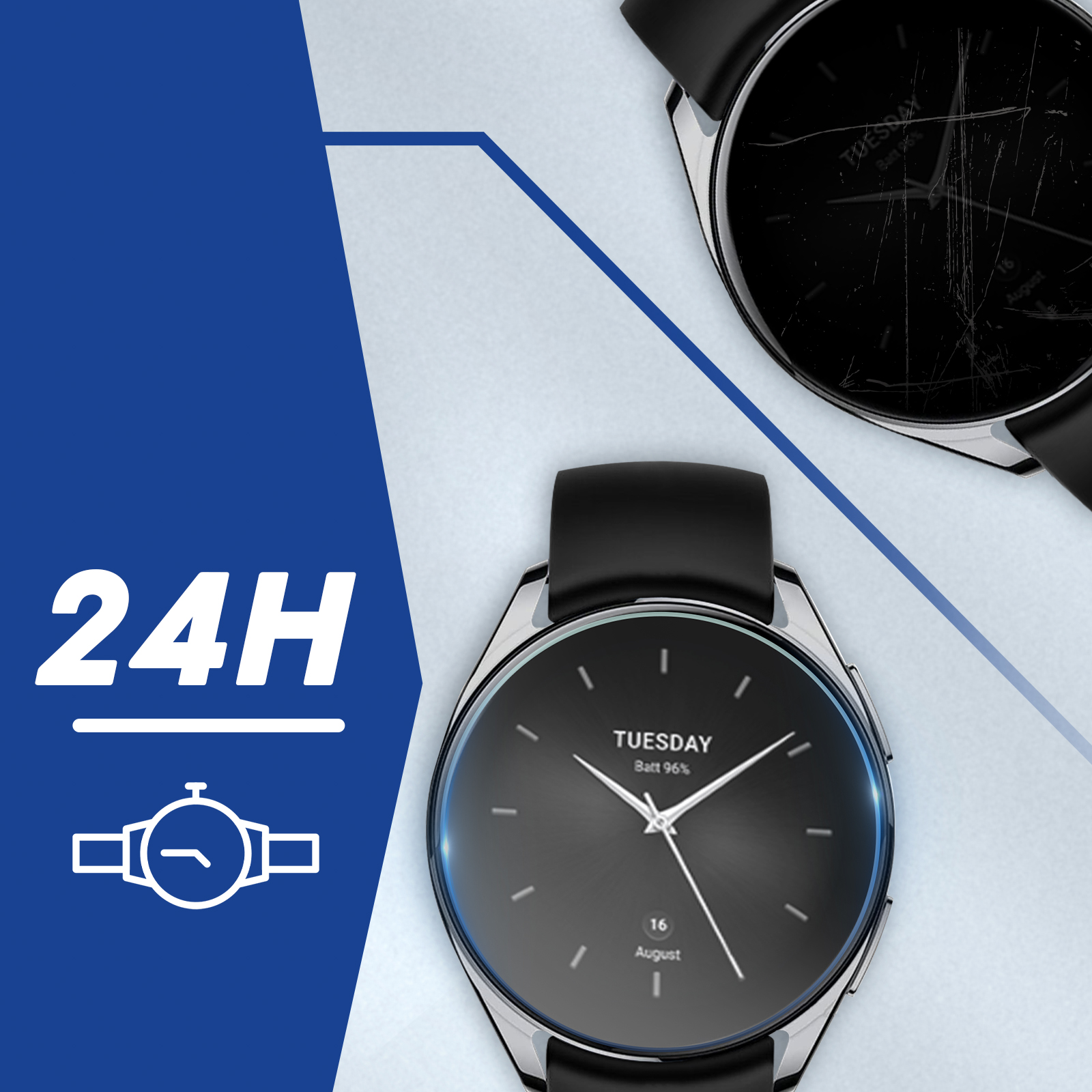 Due smartwatch, uno graffiato. Testo: 24H e icona orologio.