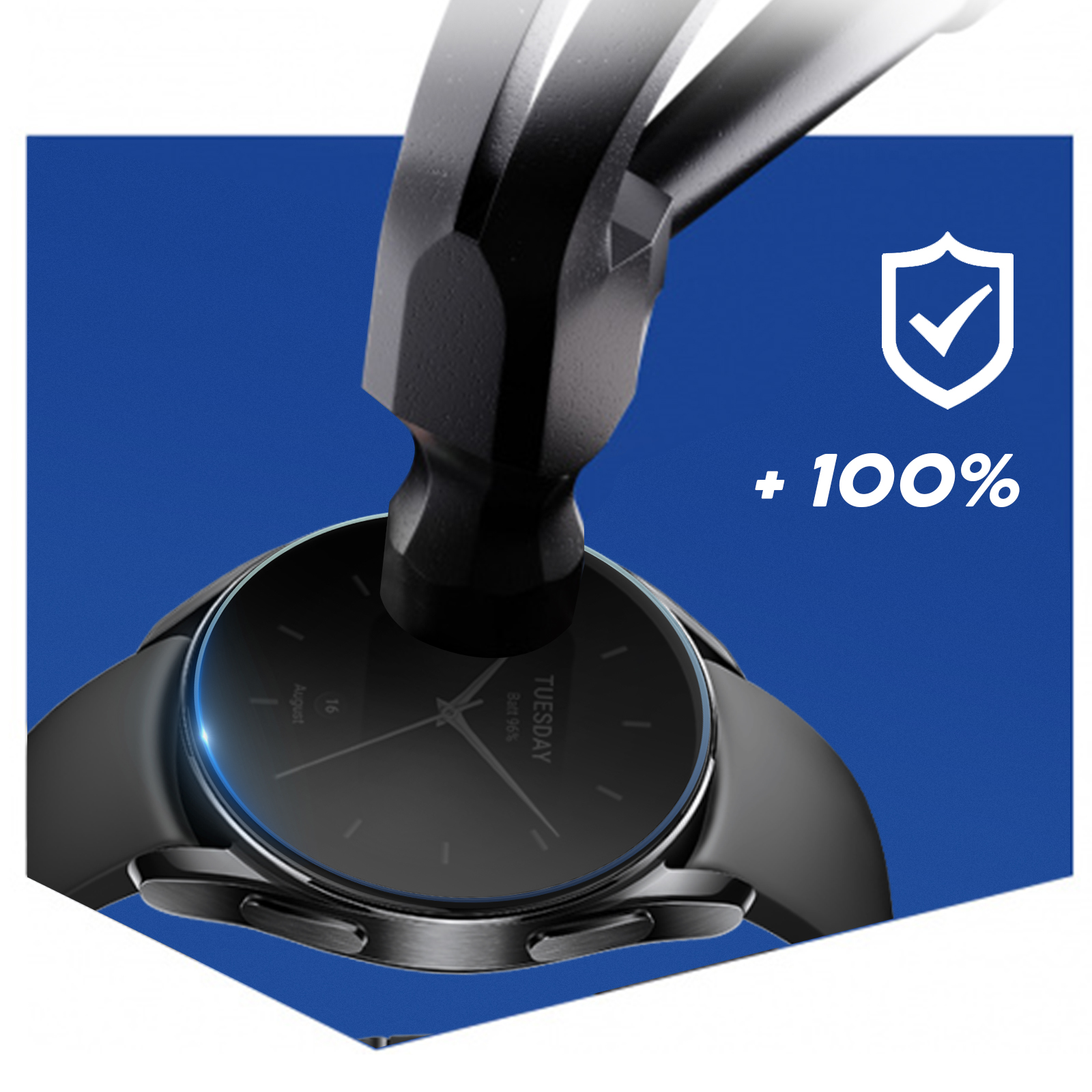 Martello che colpisce lo schermo di uno smartwatch. Sfondo blu, scudo bianco e testo +100%.