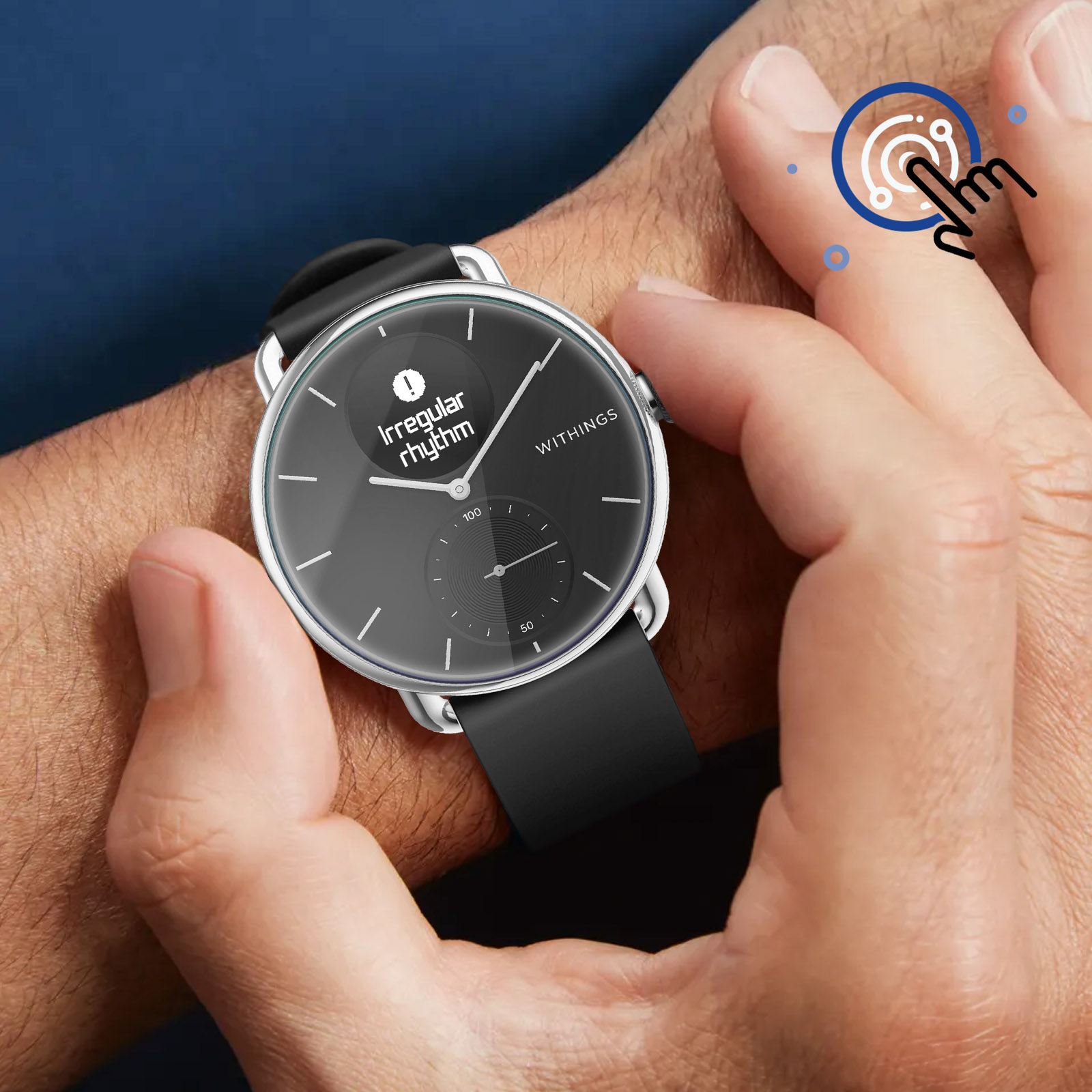 Osoba nosząca smartwatch. Zegarek wyświetla nieregularny rytm.