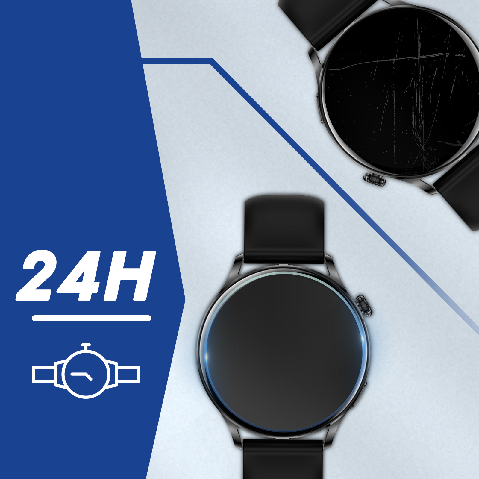 Due smartwatch. Uno con graffi sullo schermo, l'altro con schermo pulito. Testo: 24H.