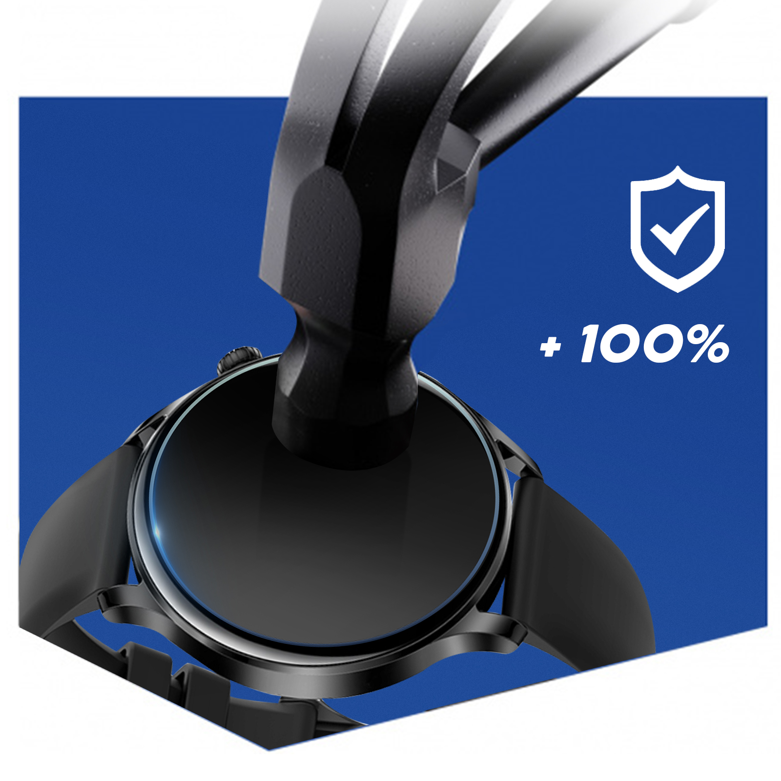 Martello che colpisce lo schermo di uno smartwatch. Sfondo blu, scudo bianco e testo +100%.