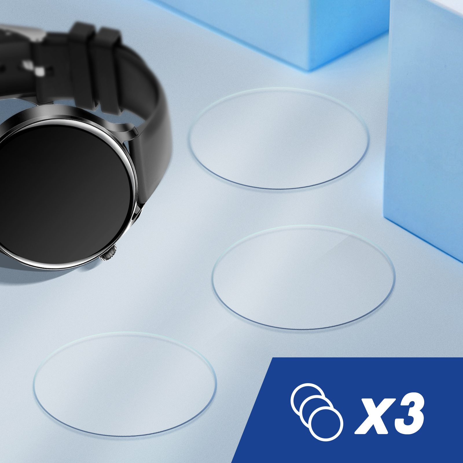 Tre protezioni per lenti per orologi trasparenti con un orologio e testo X3.