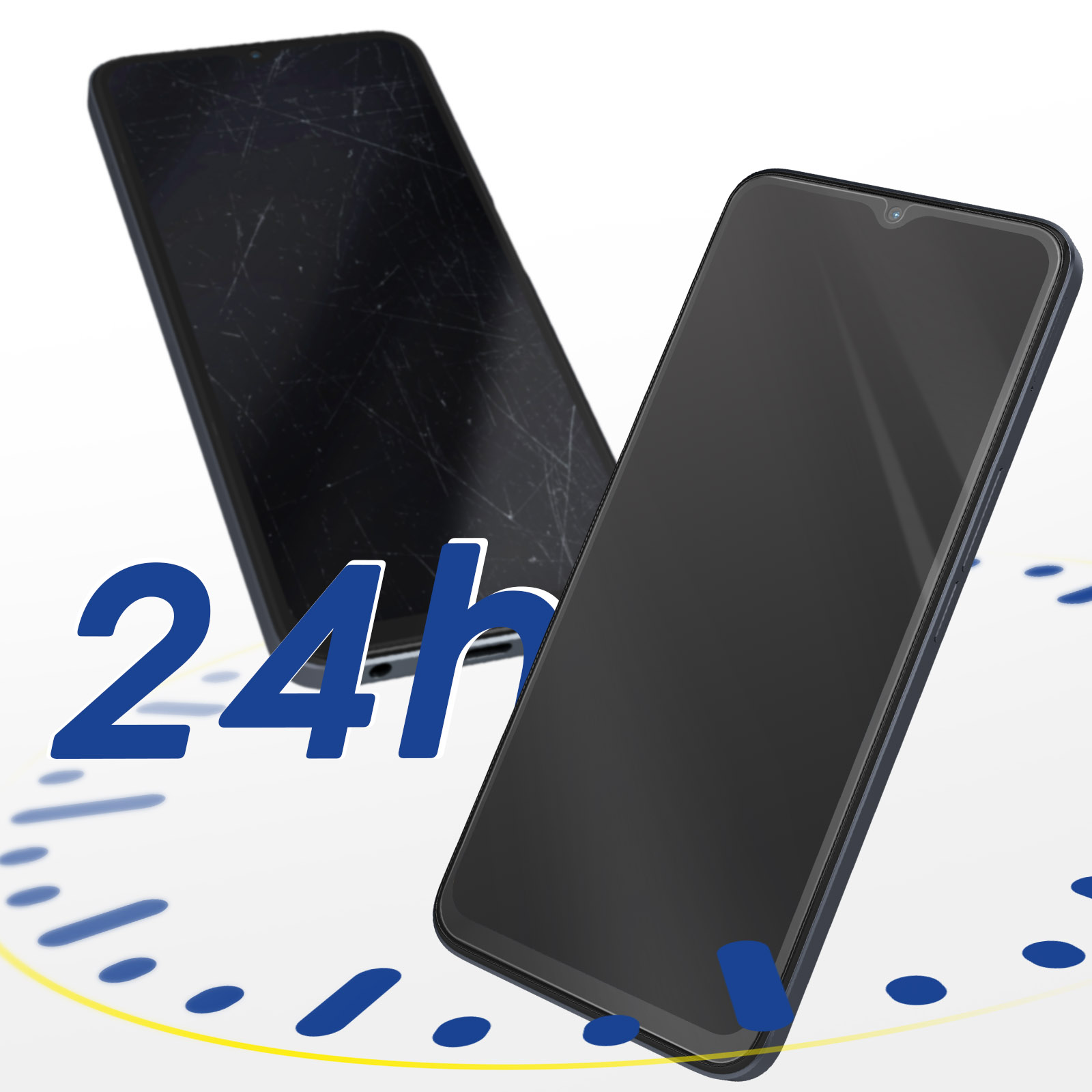 Deux smartphones, un écran fissuré, un neuf. Texte bleu '24h' et design d'horloge. Fond blanc.