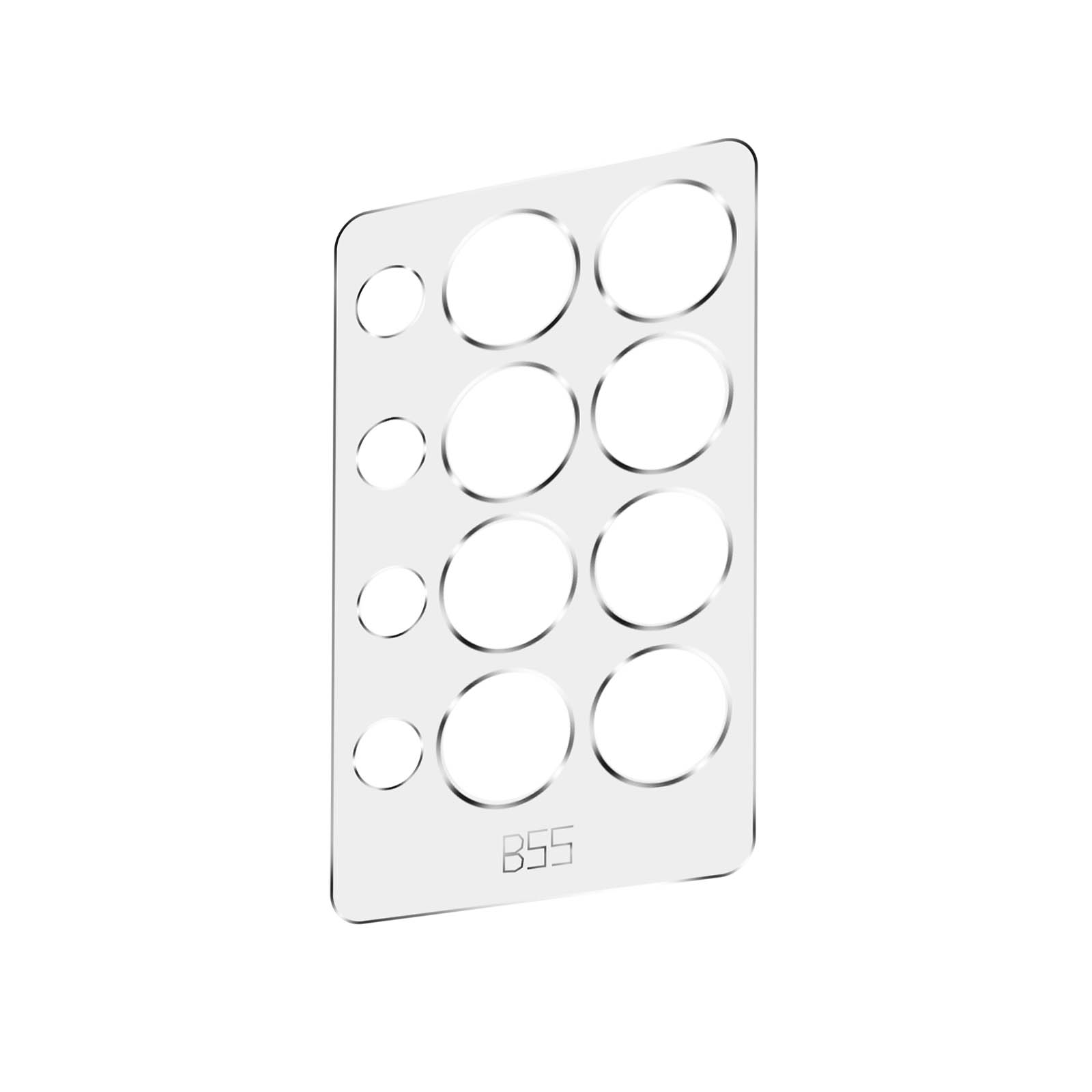 Przezroczysta osłona z okrągłymi wycięciami na aparaty w telefonie. Ochraniacz ma kształt prostokątny i jest na białym tle.