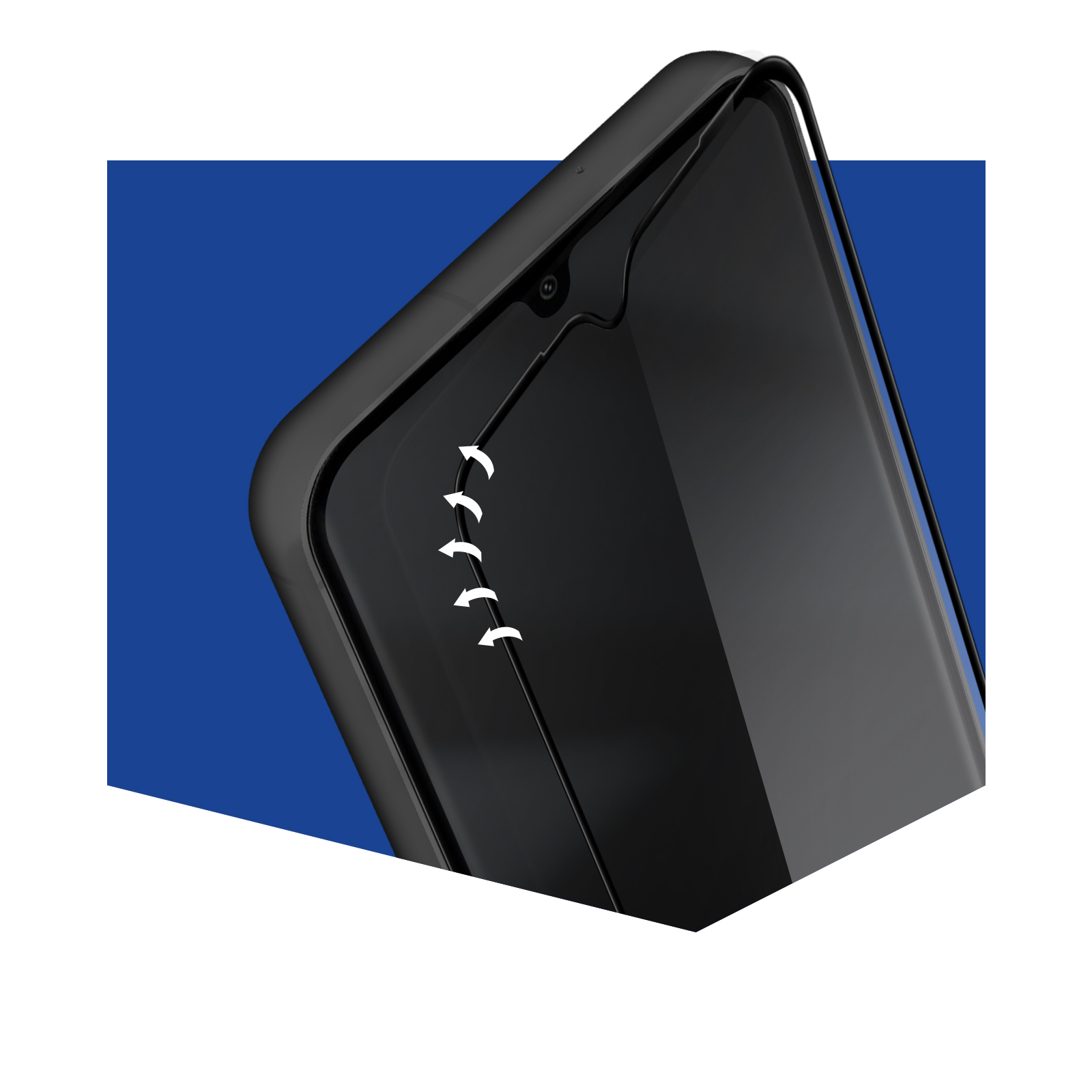 Telefono con protezione schermo e frecce bianche che indicano l'installazione. Sfondo blu.