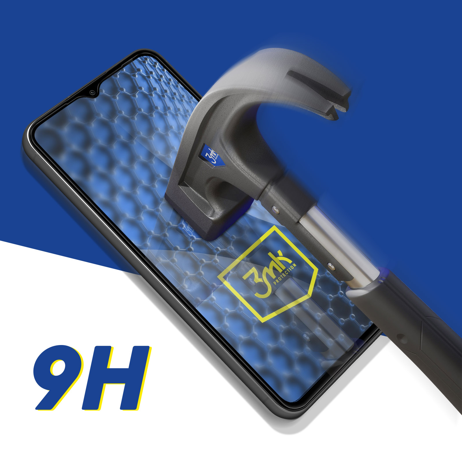 Telefono con protezione schermo colpito da un martello, con 9H e logo di protezione 3mk.