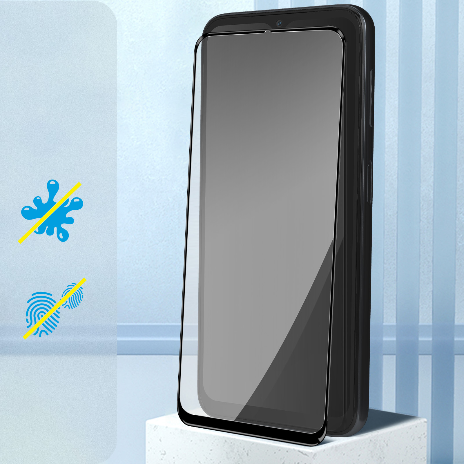 Viene applicata una protezione per lo schermo del telefono. Sono presenti icone per nessuna impronta digitale e schizzi.