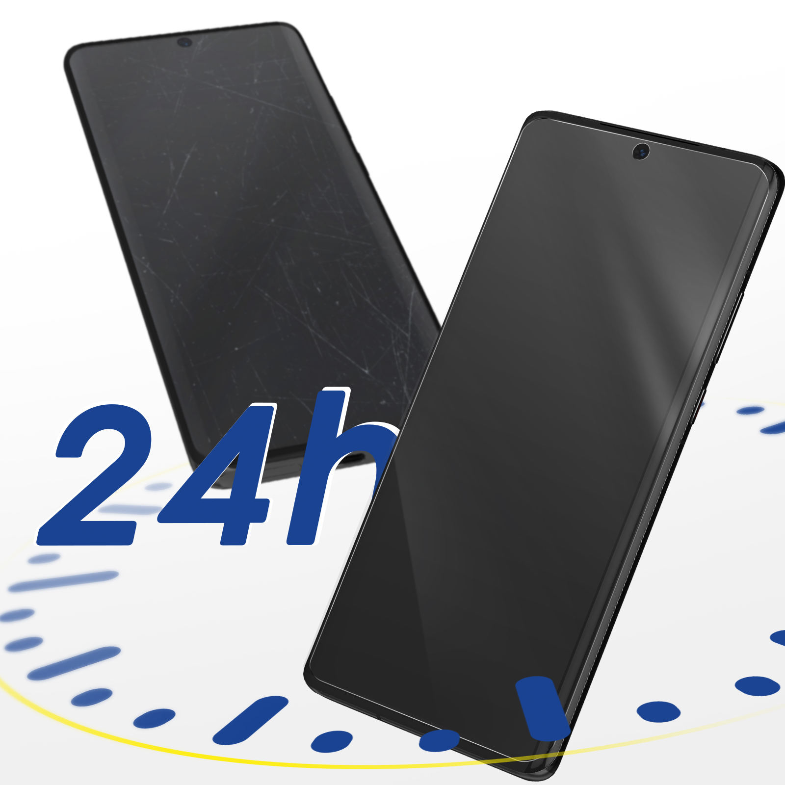 Dwa telefony. Jeden jest uszkodzony, drugi nowy. Wyświetlana jest liczba 24h.