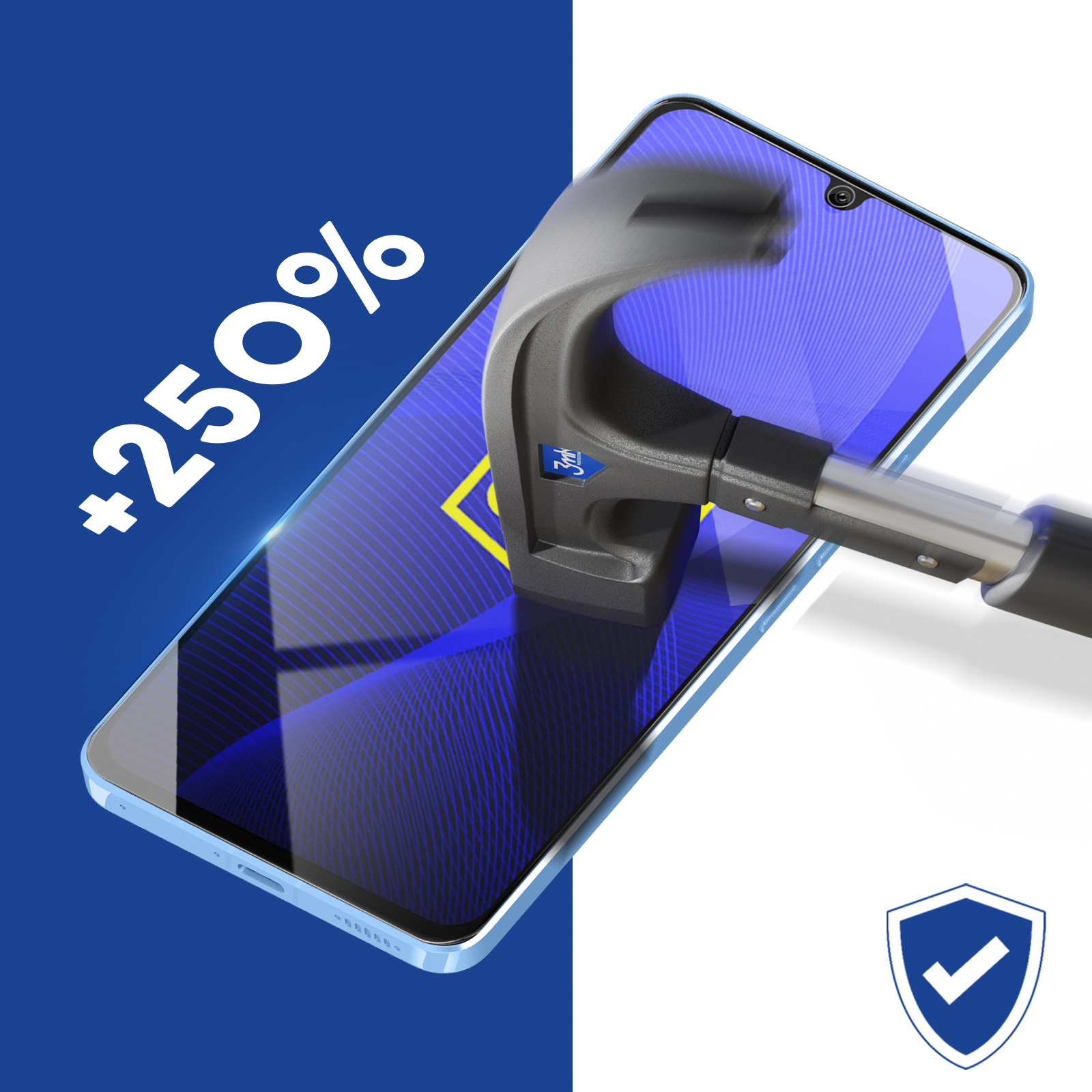 Un telefono viene colpito da un martello. Il testo +250% e un'icona a scudo sono visualizzati.